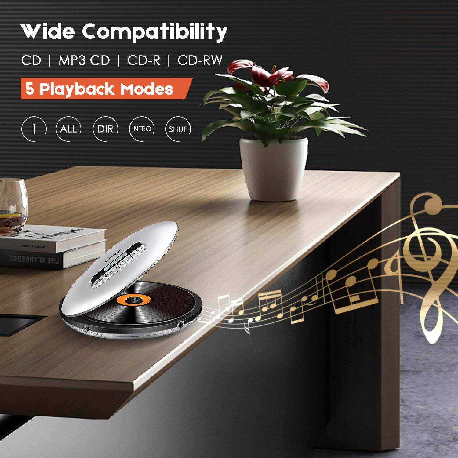 CD Player with Headphones, HOTT Personal CD Walkman Music Player with LCD Display, Skip Protection Shockproof Anti Scratch Function, Support CD, MP3 CD, CD-R, CD-RW Format - Black