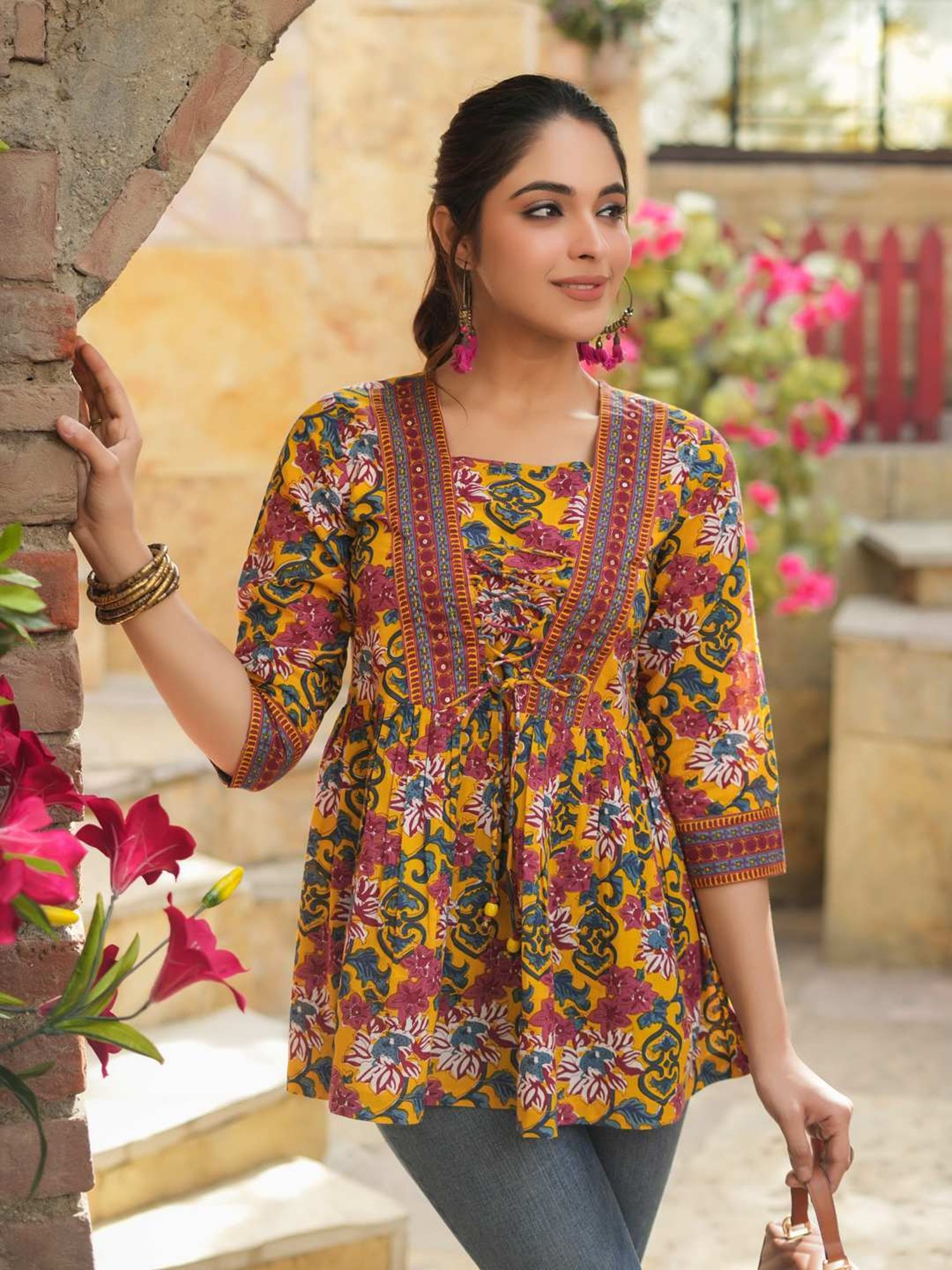 Rain and Rainbow Mustard Cotton Floral Print Top