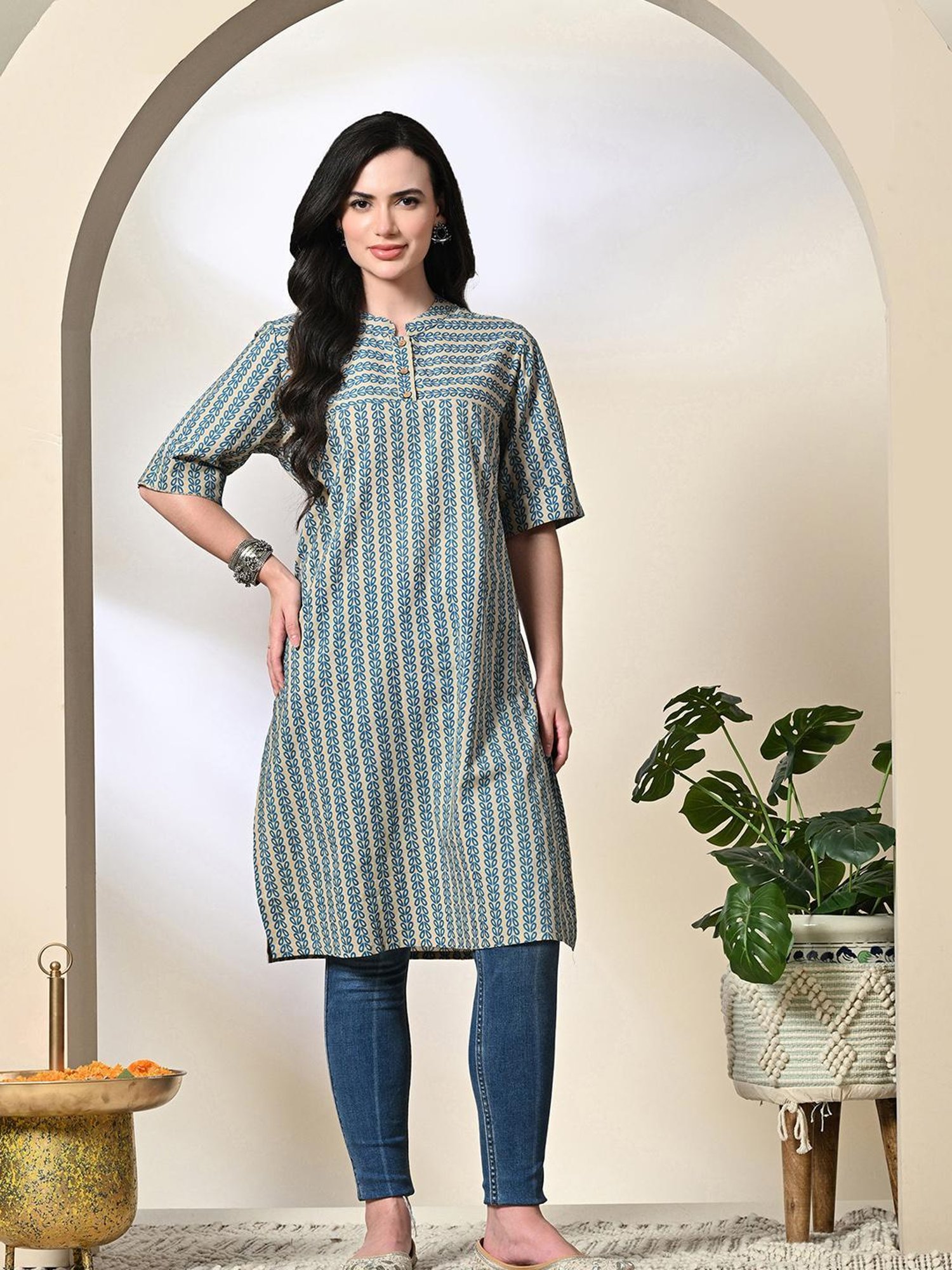 DECKEDUP Teal & Beige Cotton Printed Kurta