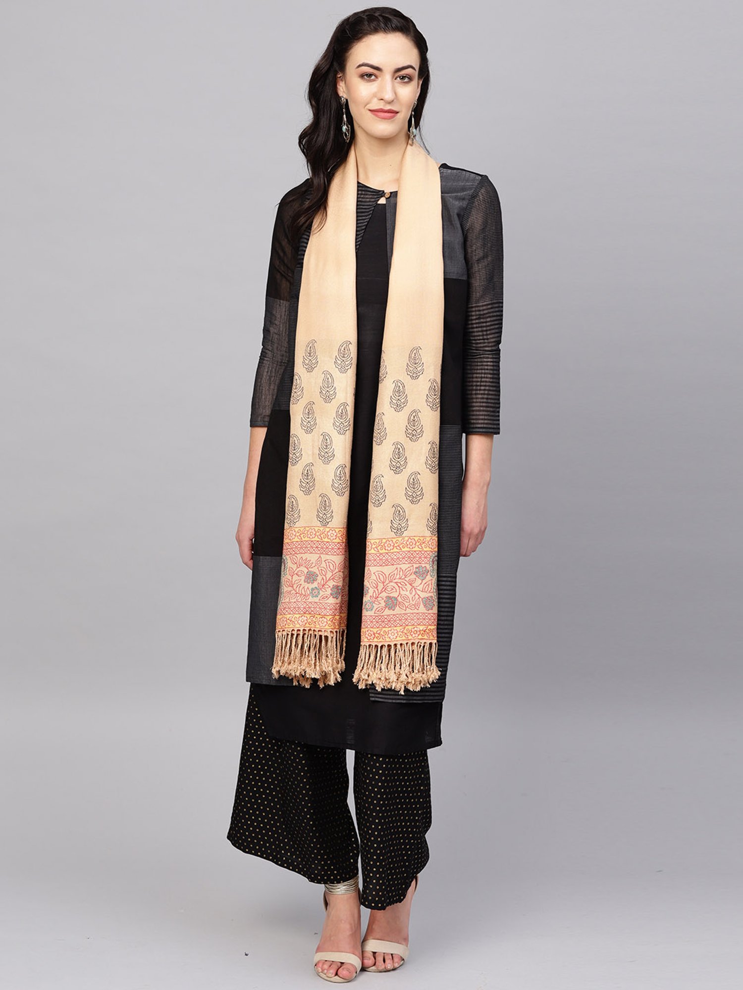 Indo Era Beige Woven Pattern Stole