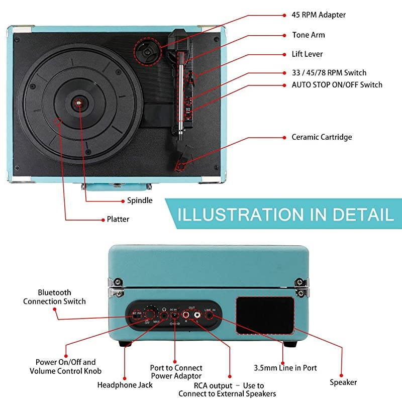 Bluetooth Turntable with Stereo Speakers3 Speed Vinyl Record Player Supporting Wireless Connection Blue