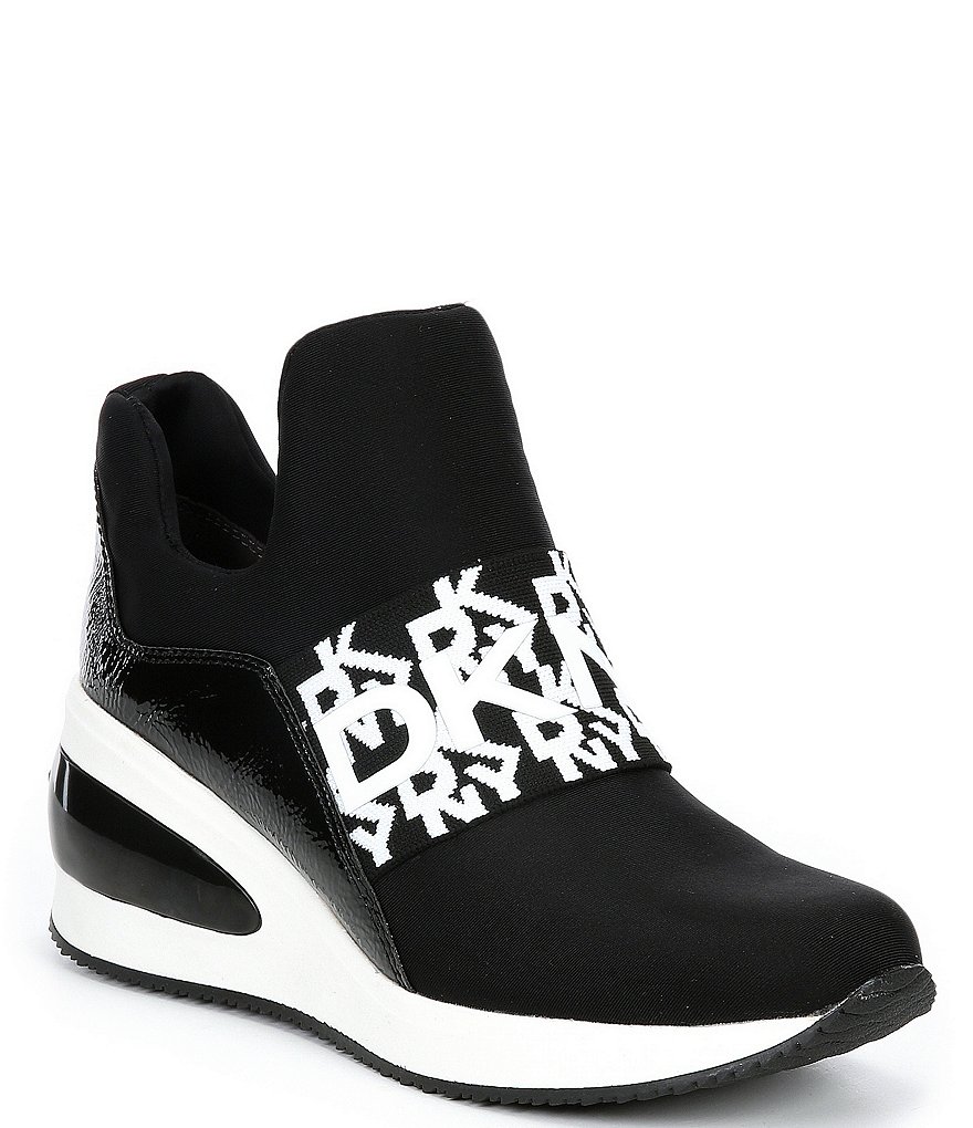 DKNY Borg Logo Print Strap Slip-On Wedge Sneakers