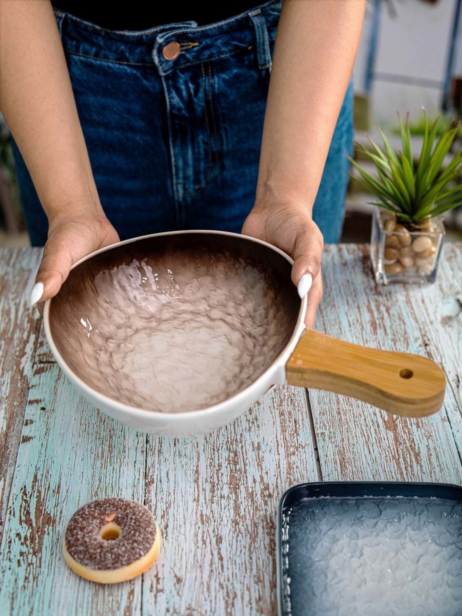 White Gold White & Brown Porcelain Serving Bowl With Wooden Handle