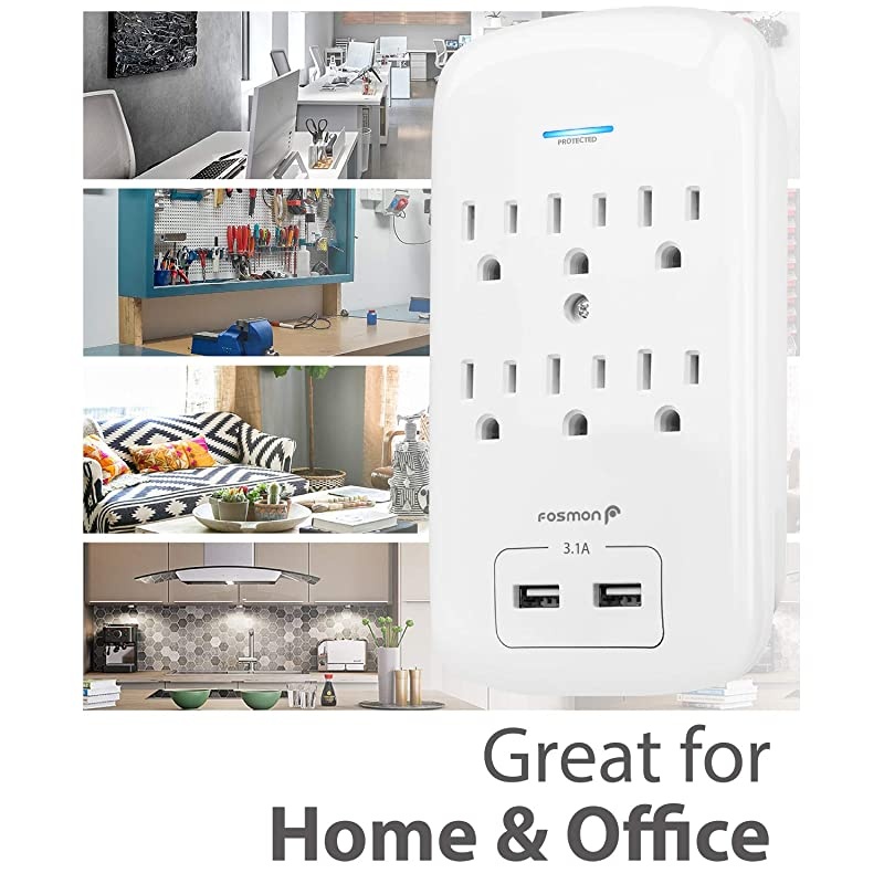 6 Outlet Surge Protector 1200 Joules with 2 USB Ports Charger 31A Multi Plug Outlet Extender 1875 Watt 3Prong Grounded Wall Tap Adapter