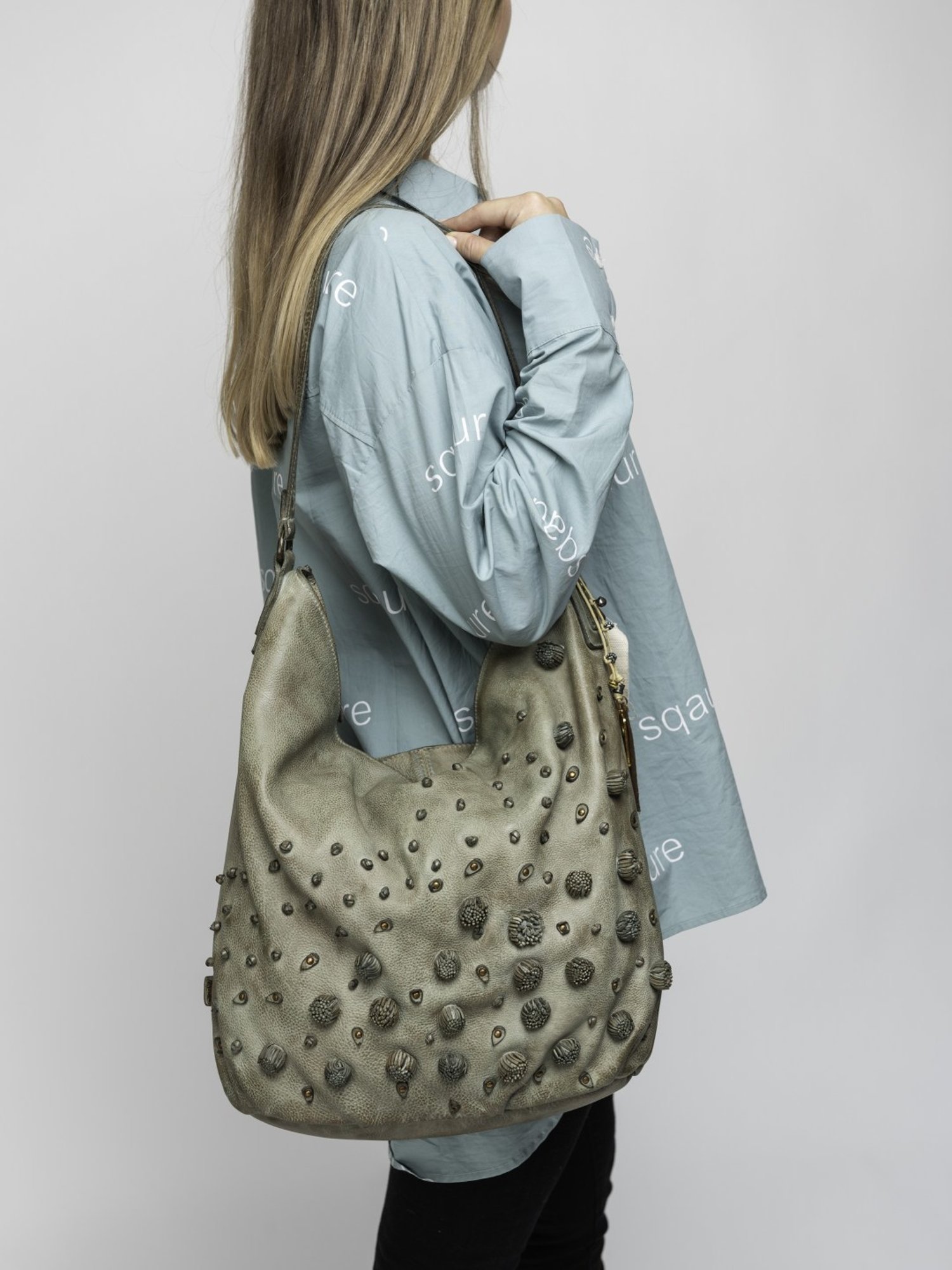 Art N Vintage Garofano Green Leather Textured Medium Hobo Handbag