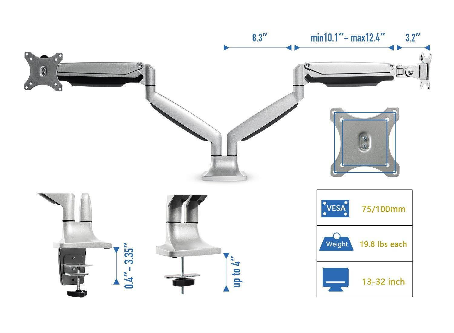 EleTab Dual Monitor Mount Stand Full Motion Swivel Fits for 2 Computer Screens 13" to 32" Gas Spring LCD Arm