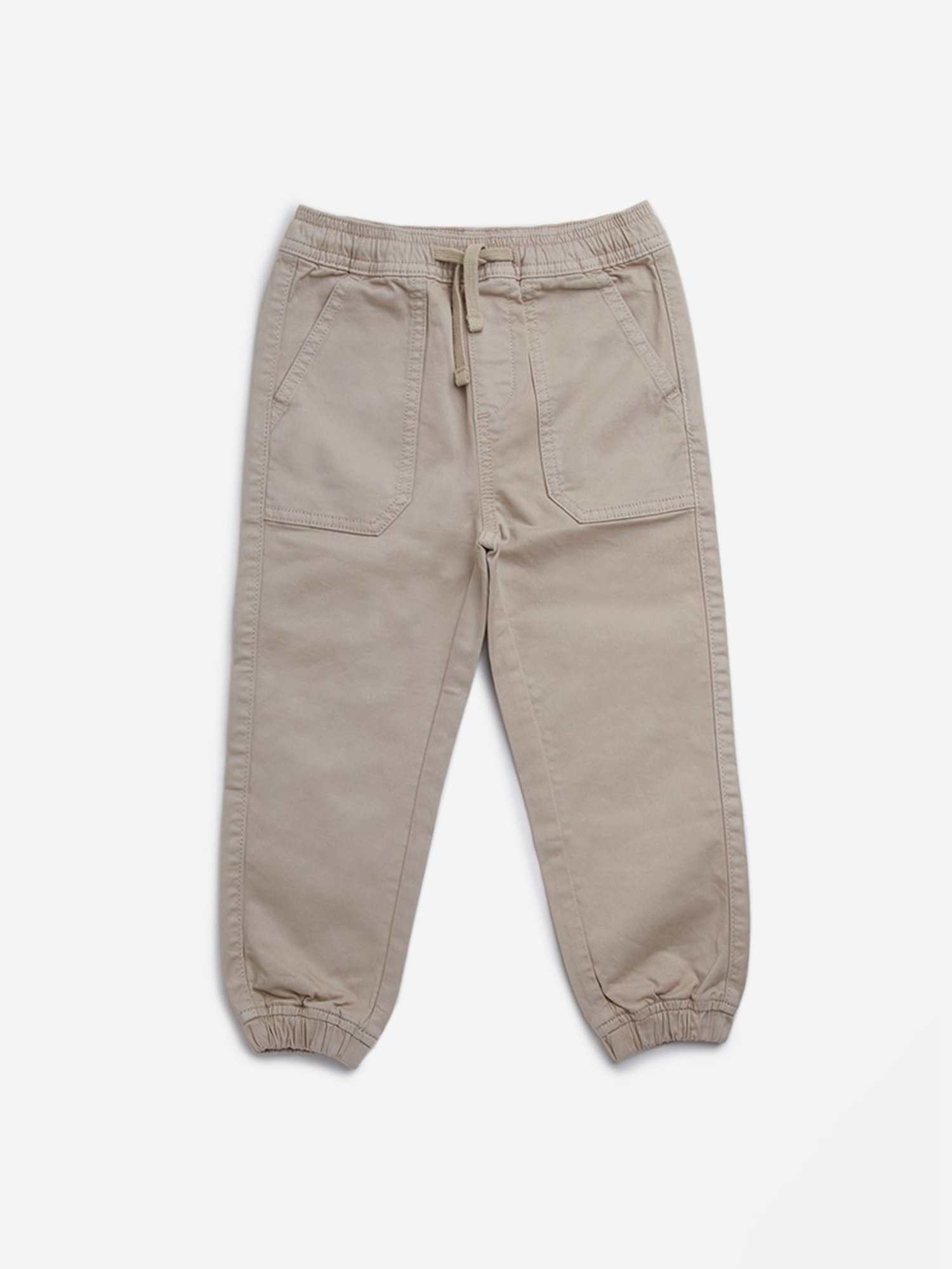 HOP Kids by Westside Light Beige Solid Mid-Rise Cotton Joggers