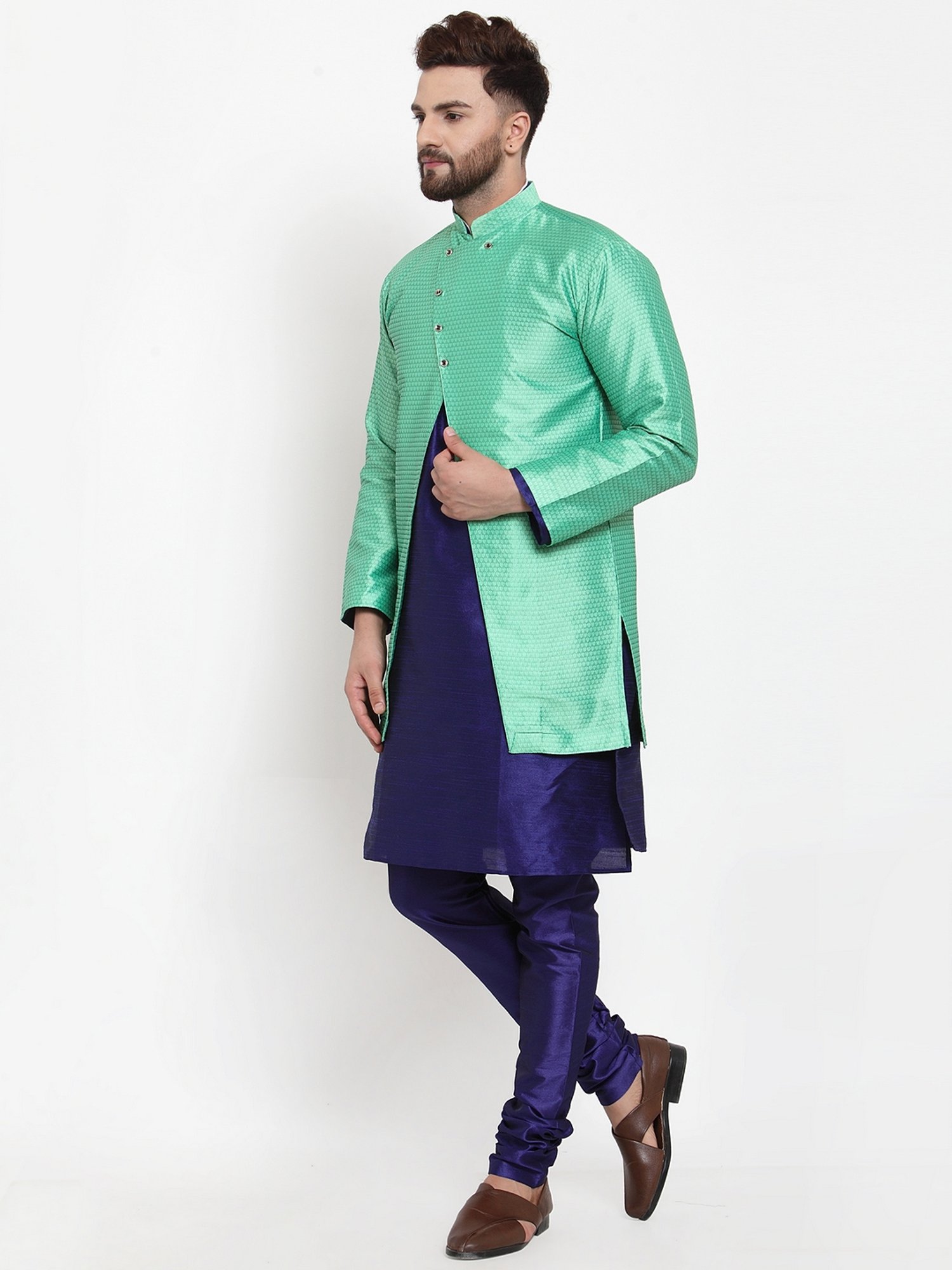 Benstoke Royal Blue & Green Regular Fit Self Pattern Kurta Set With Jacket