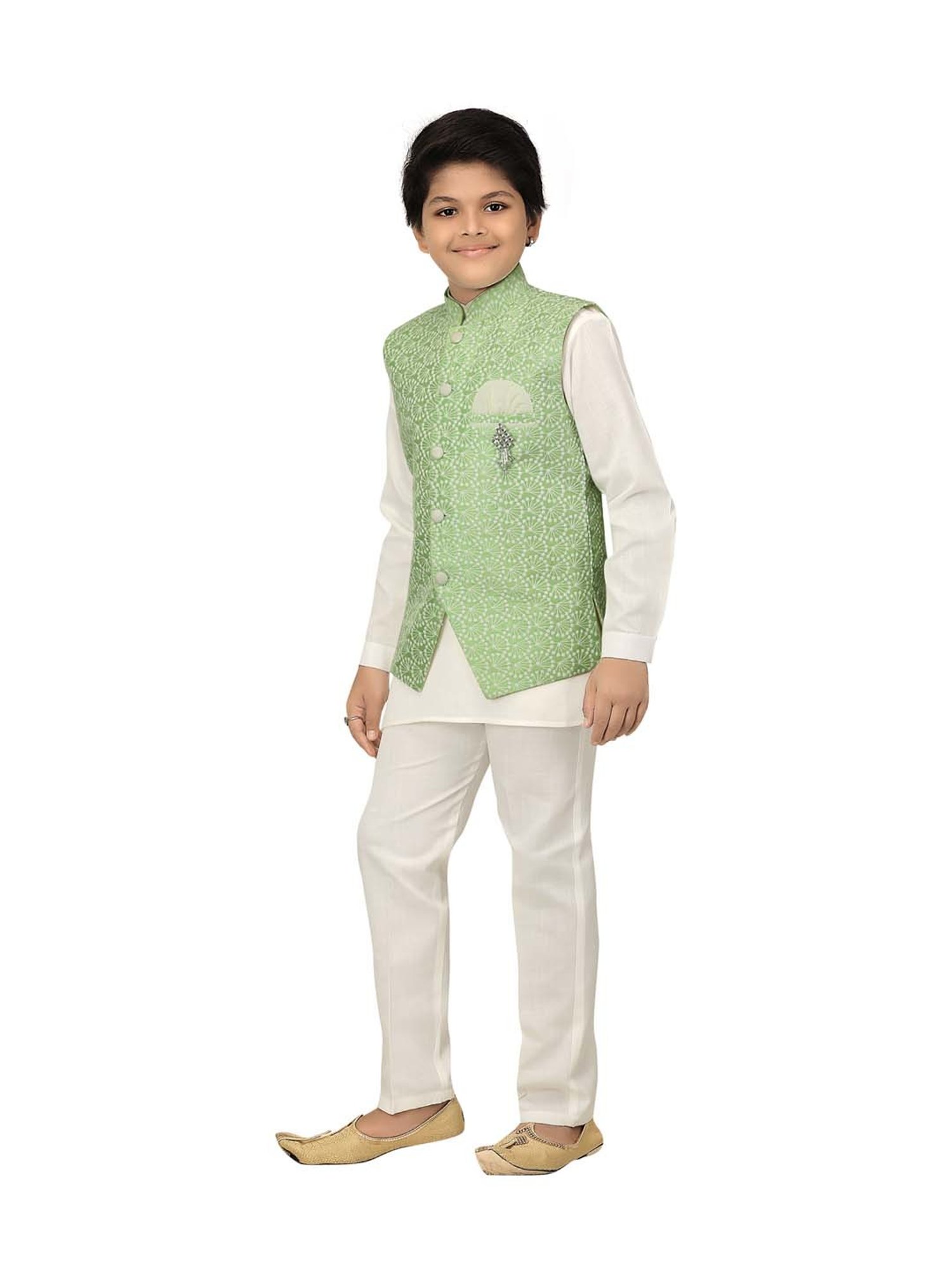 Ahhaaaa Kids Mint Green & White Cotton Printed Full Sleeves Kurta Set