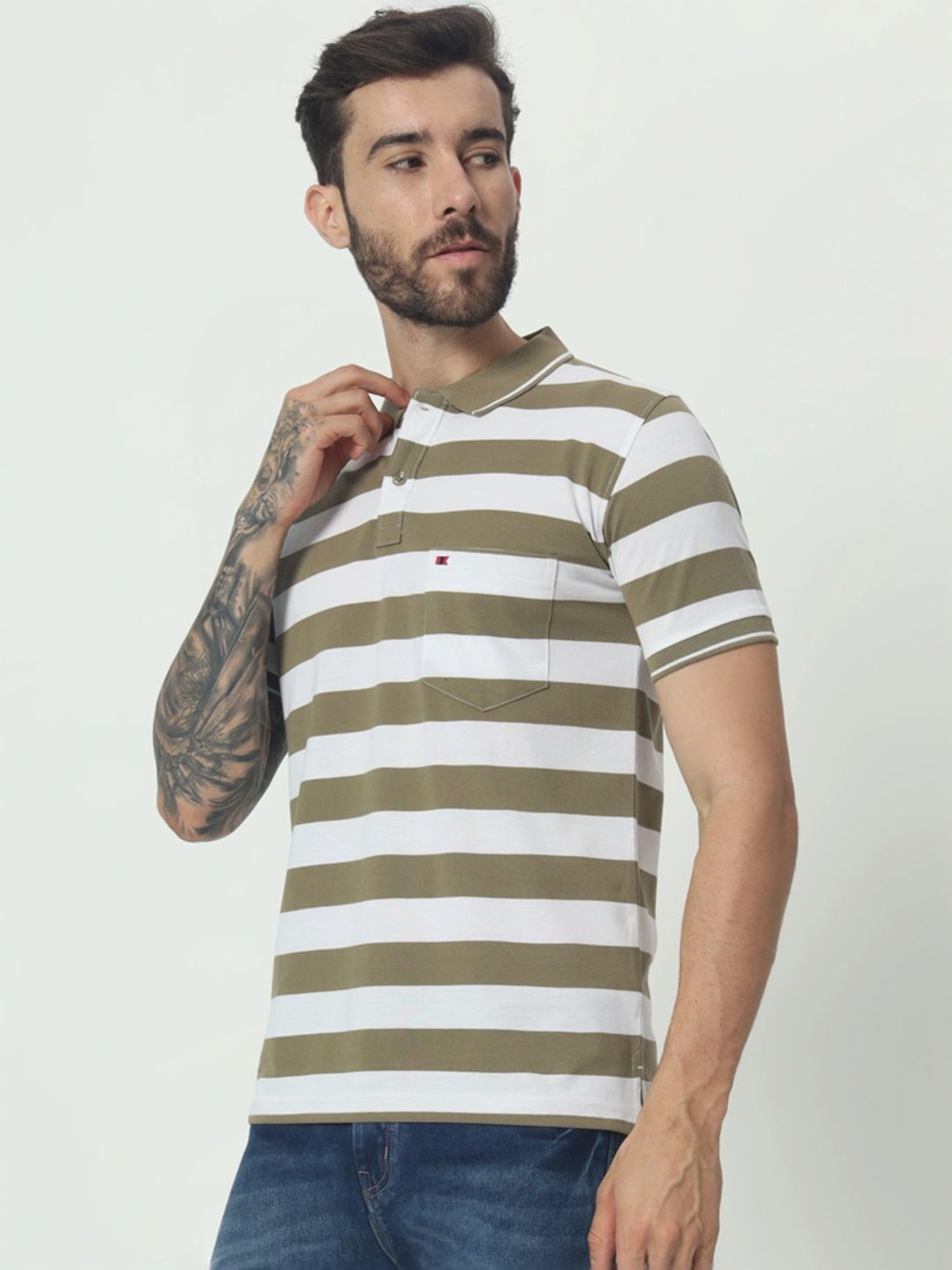 Tab91 Green Regular Fit Striped Polo T-Shirts