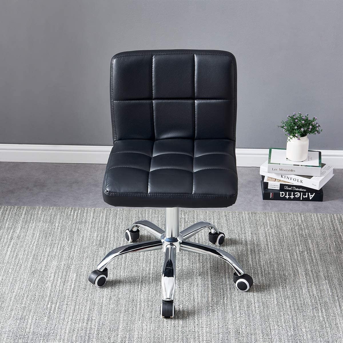 Ribbed Swivel Desk Chair Adjustable Task Chair PU Leather Mid Back Rolling Office Chair with Wheels Padded Task Conference Chair with Backrest for Office Home Computer Without Arms, White