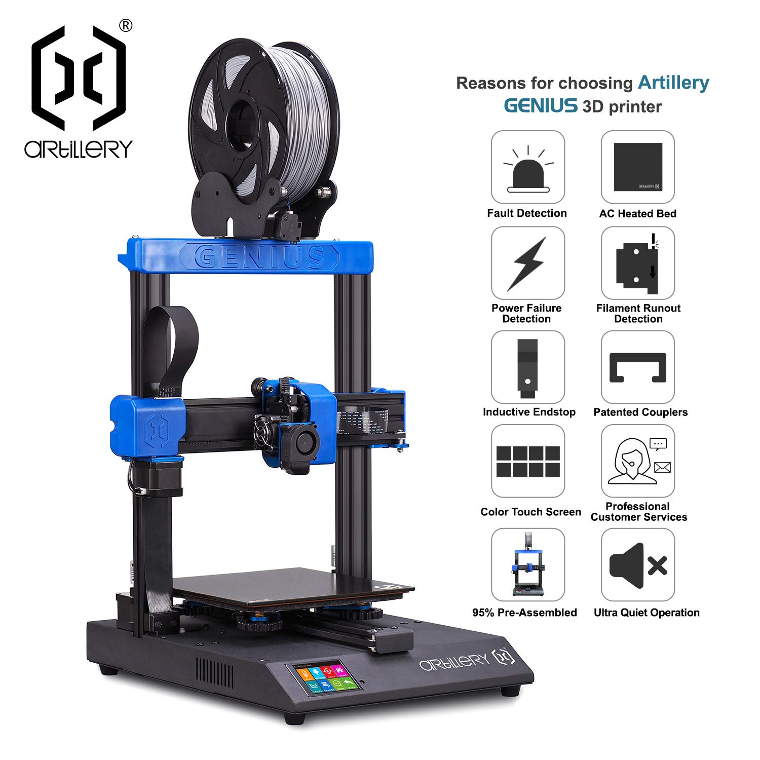 Artillery Genius 3D Printer High-Precision Dual Z-Axis TFT Screen Filament Runout Sensor & Power Failure Recovery