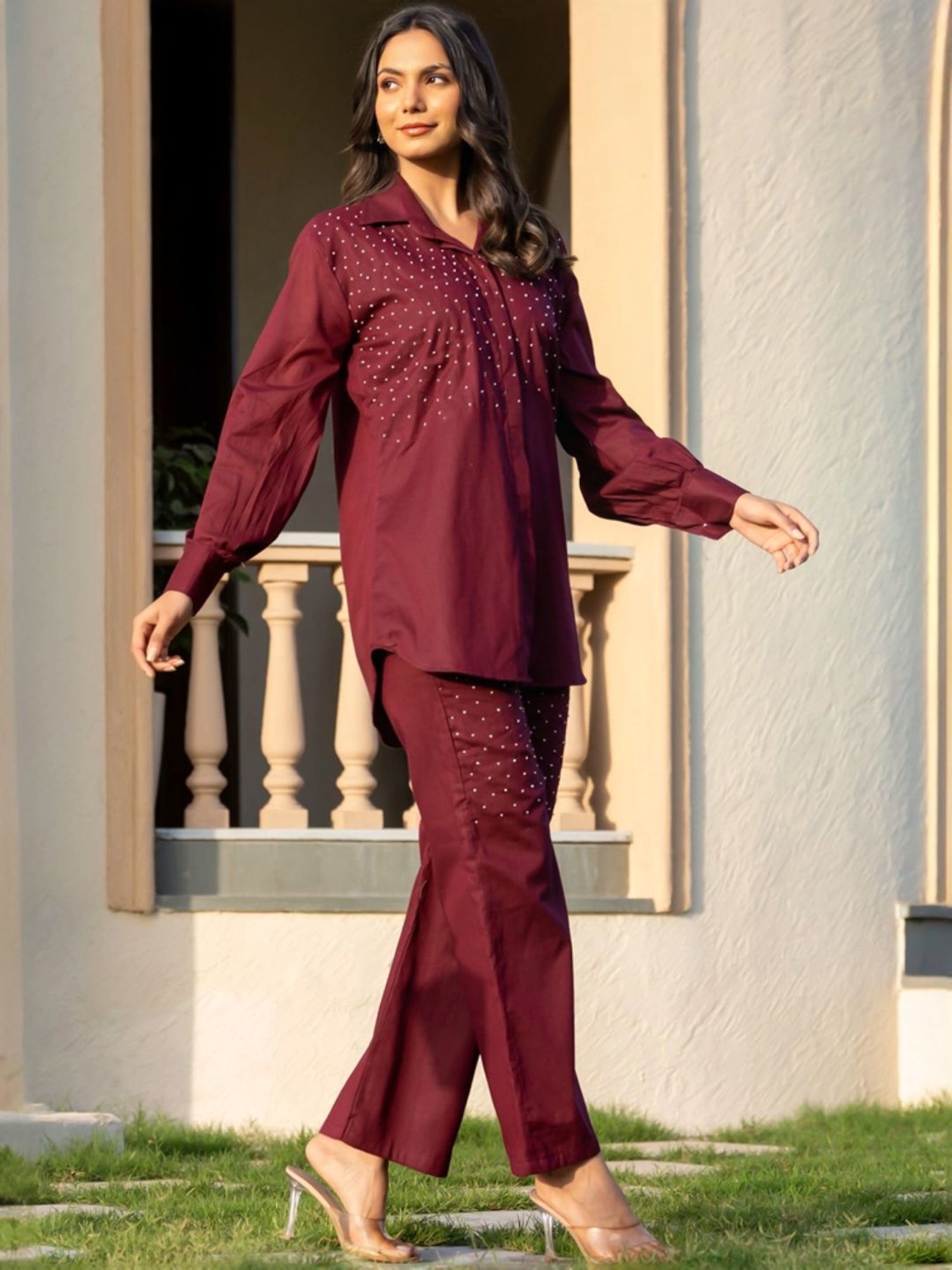 HOUSE OF JAMOTI Maroon Cotton Embellished Tunic Palazzo Set