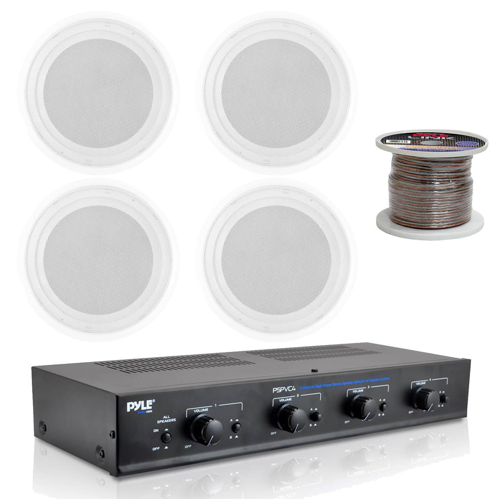 8" Flush Mount White Full Range Speakers, 100FT/ Speaker Wire, Speaker Selector