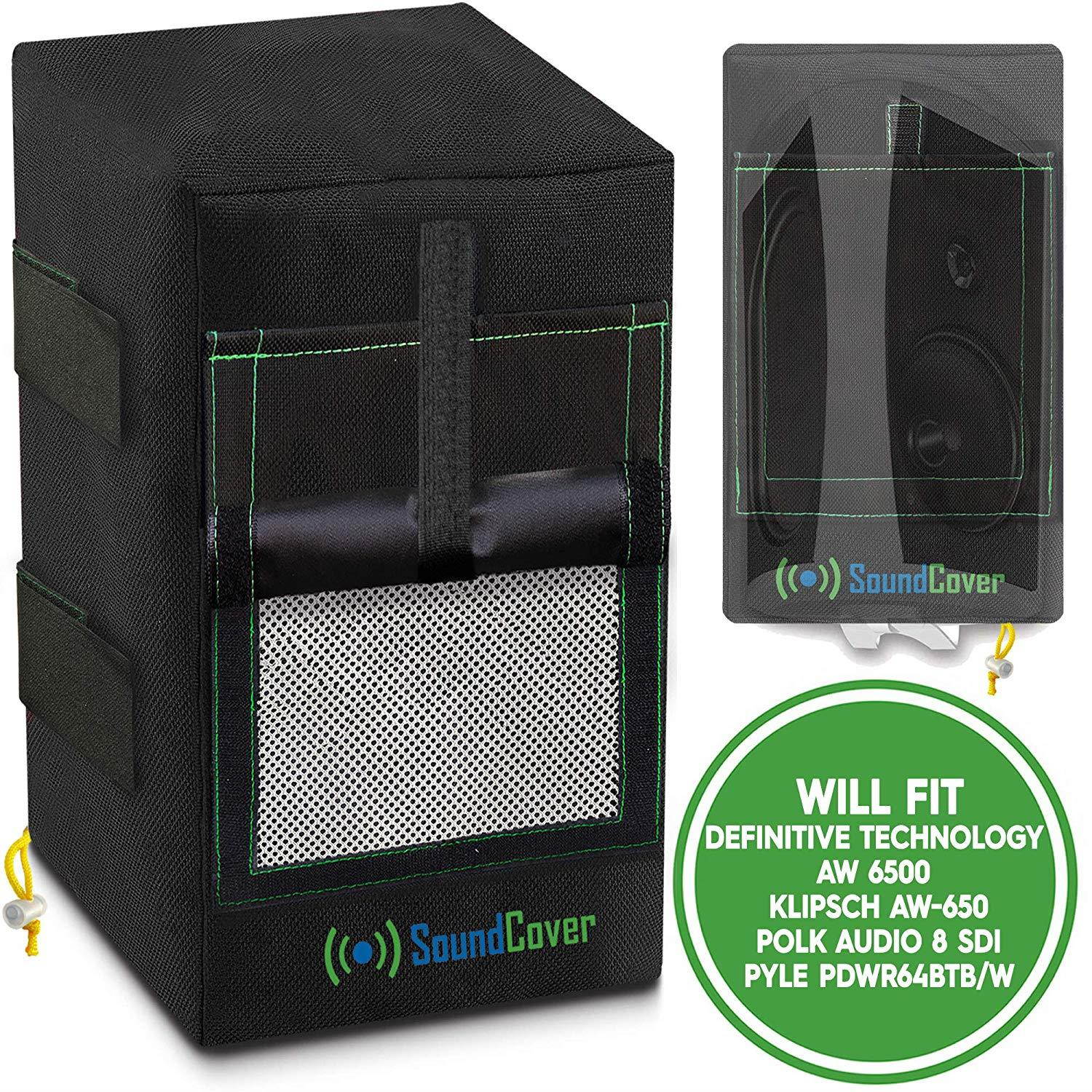 2 Black Heavy Weight Waterproof UV Protection Speaker Covers for Outdoor Speakers with Sound Flap - fits Definitive Technology AW 6500, Klipsch AW-650, Polk Audio 8, Pyle PDWR64BTB/W Speakers