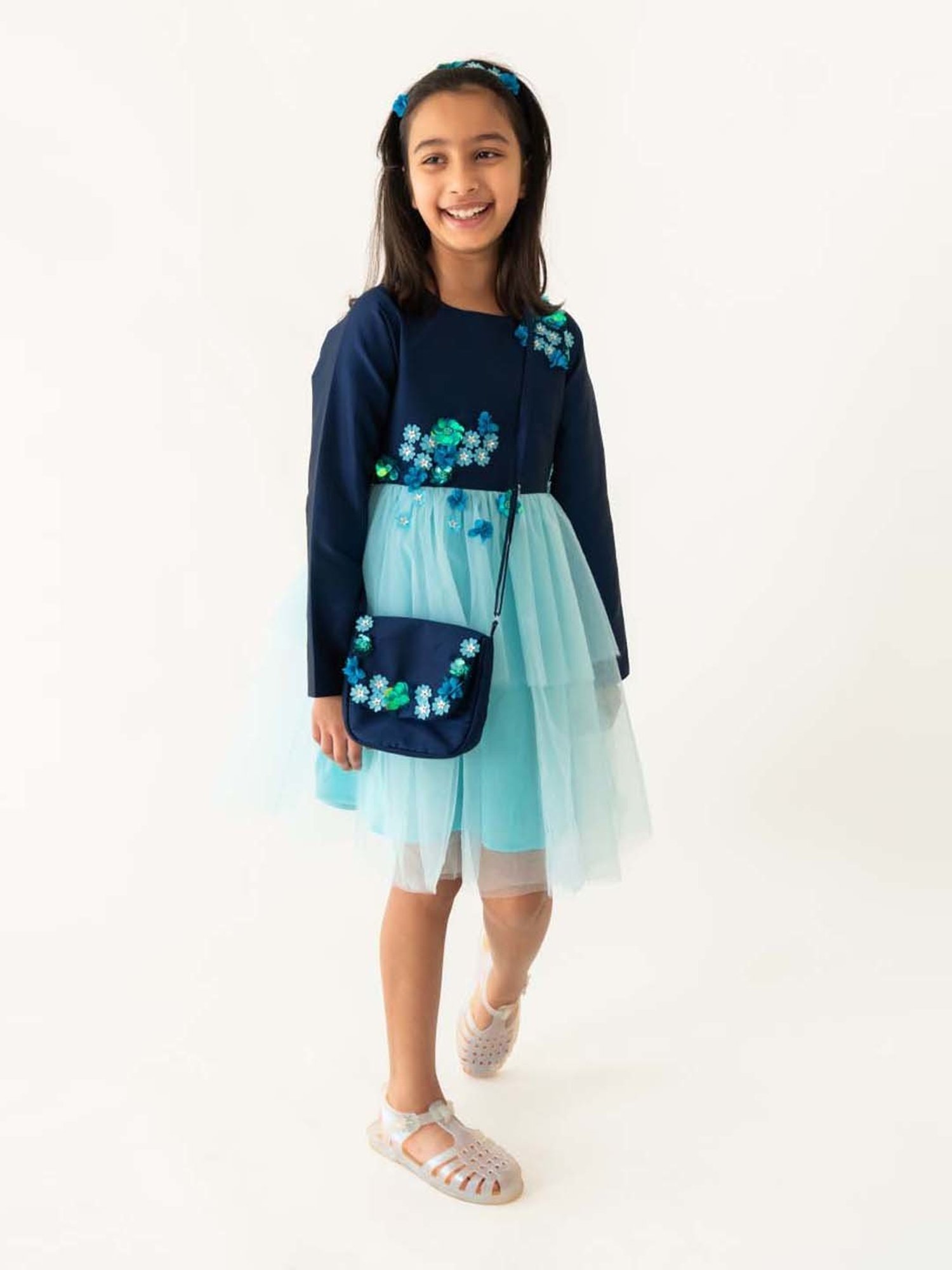A Little Fable Blue Applique Full Sleeves Dress