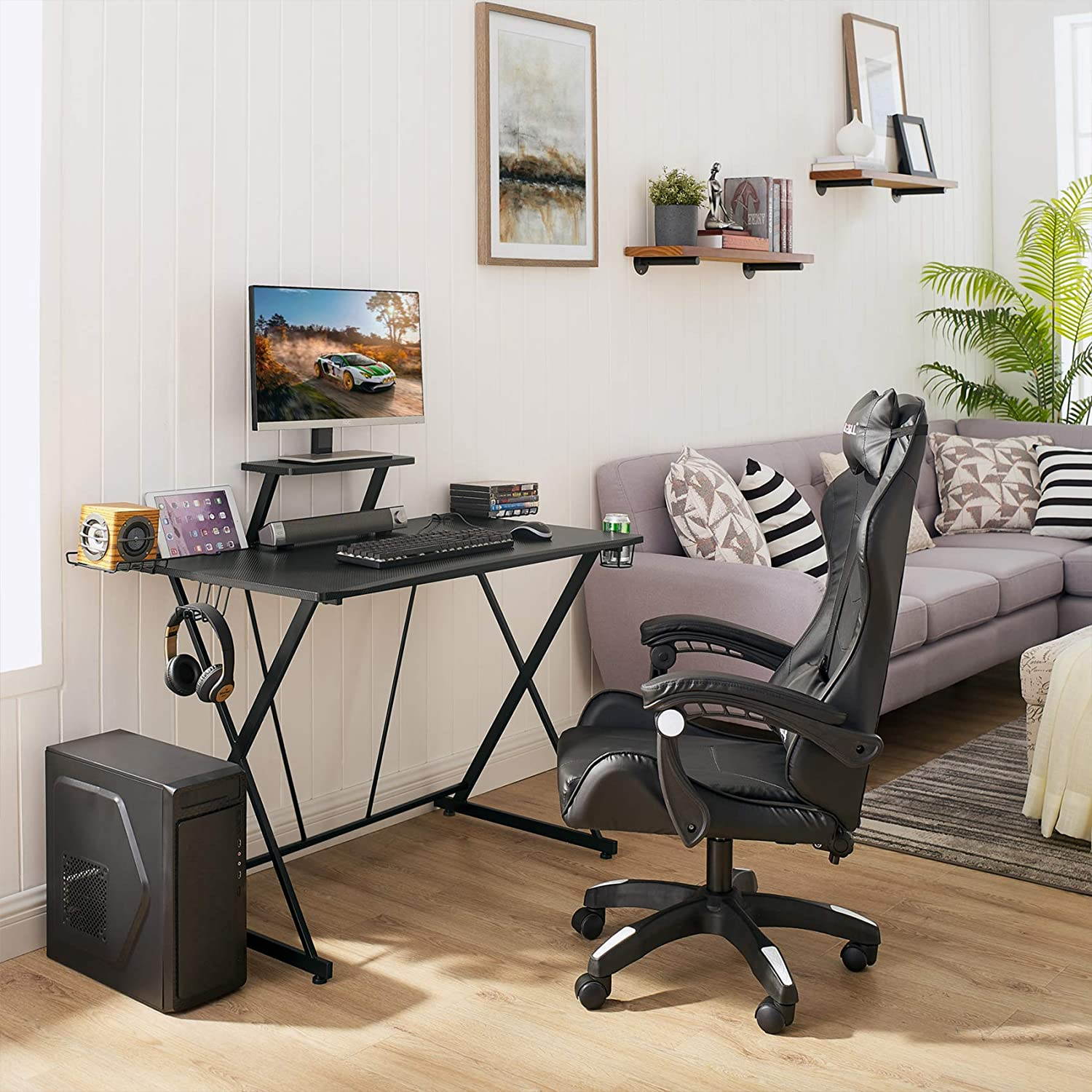 Gaming Desk 41.7" W x 23.6" D with Monitor Stand, Black Home Office Computer Desk with Cup Holder, Headphone Hook, Speaker Holders and Cable