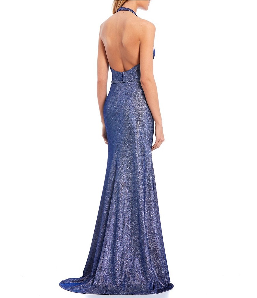 Blondie Nites Sleeveless Halter-Neck Irridescent Shine Side Slit Long Dress