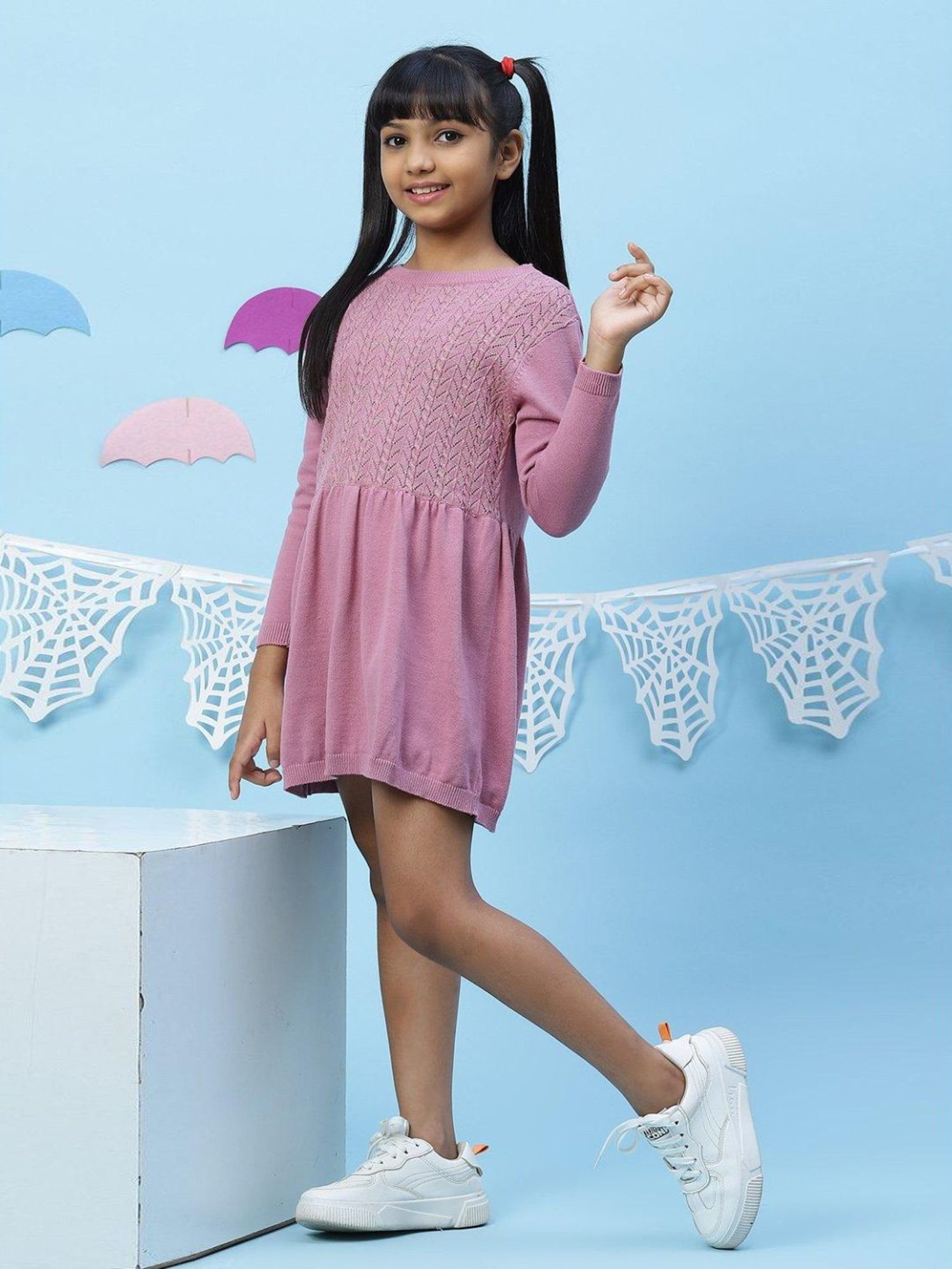 BIBA Girls Onion Pink Cotton Self Pattern Dress