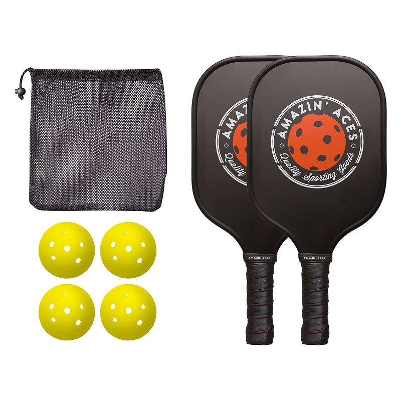 Amazin Aces Classic Pickleball Set with 2 Graphite Face Paddles, 4 Balls, and Carry Bag, Black