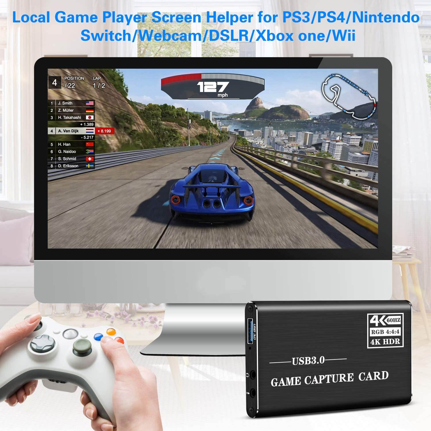 Audio Video Capture Card, HDMI USB3.0 4K 1080P 60fps Reliable Portable Video Converter for Game Streaming Live Broadcasts Video Recording(Black)