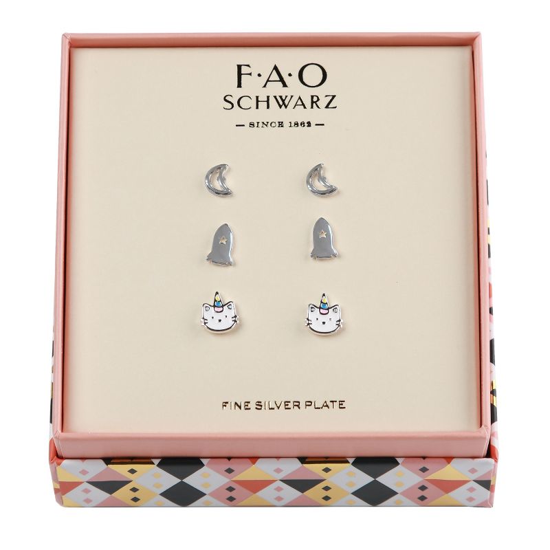 FAO Schwarz Cat, Moon and Spaceship Trio Earring Set
