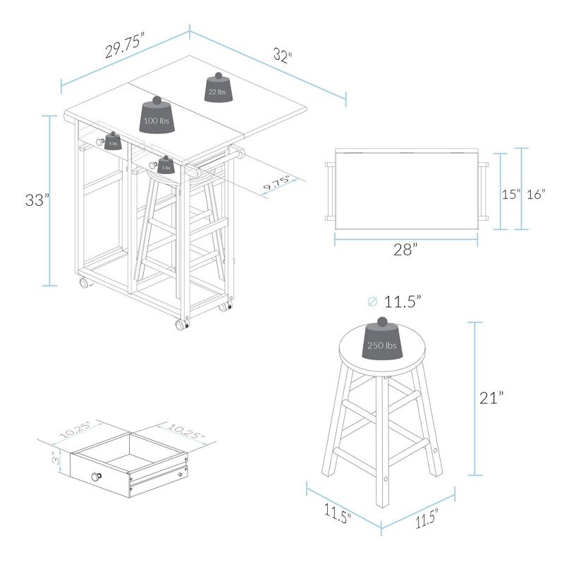 Square American Maple Drop Leaf Table Top Breakfast Cart Natural/White - Flora Home