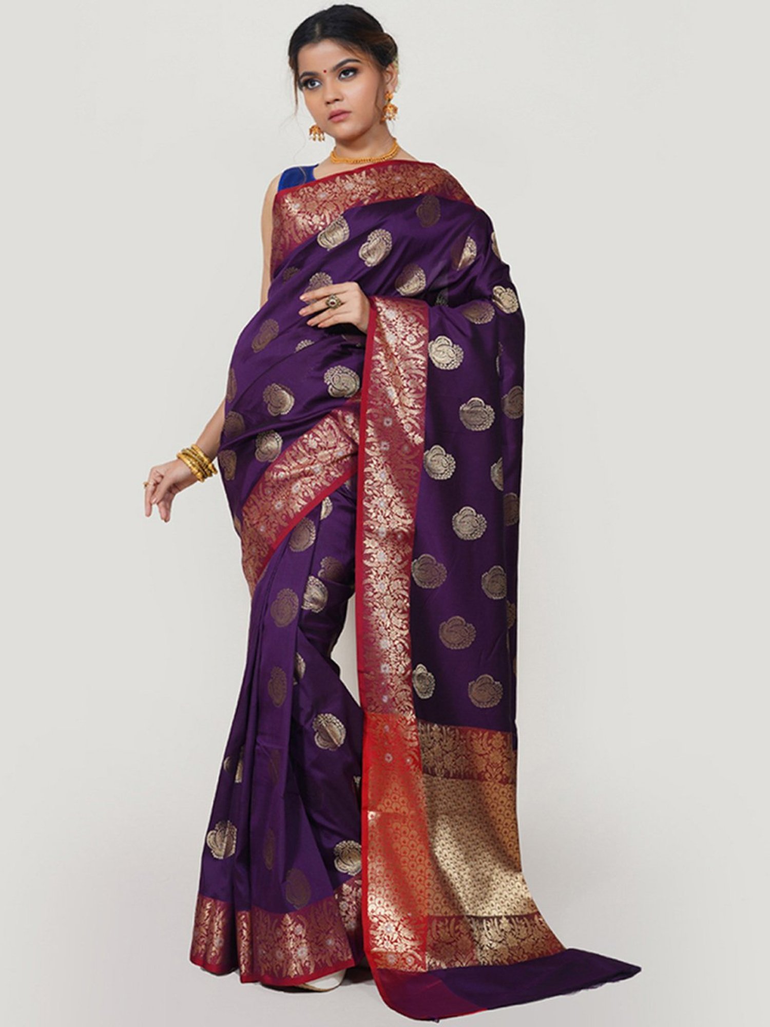 Banarasi Silk Works Wine Woven Saree With Unstitched Blouse