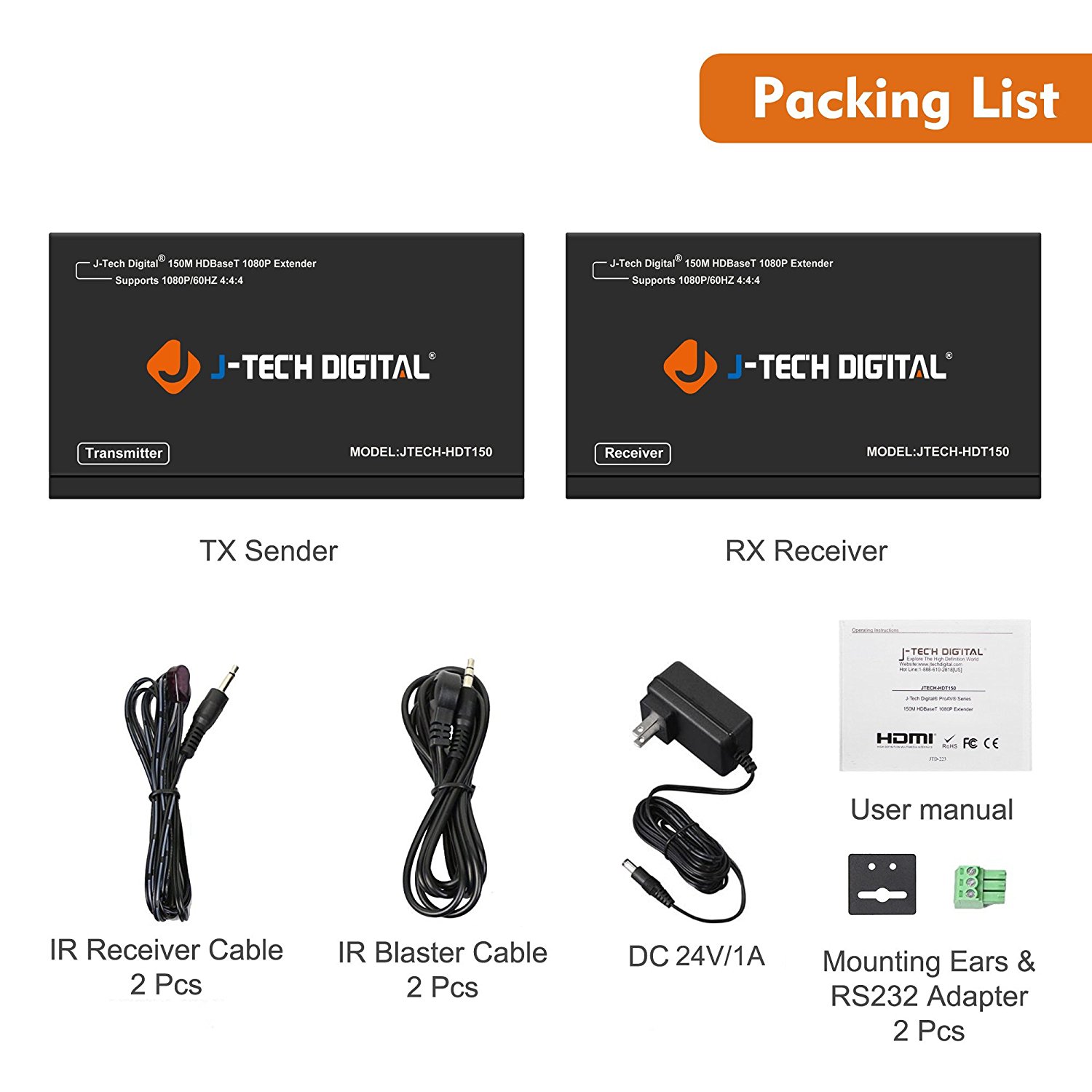 J-Tech Digital Long Range HDMI Extender Over Cat6 150m/492ft HDBaseT 1080P Extender PoC, Bi-Directional IR, Supports Dolby Digital, DTS, with EDID, CEC, RS-232 Passthrough (JTECH-HDT150)