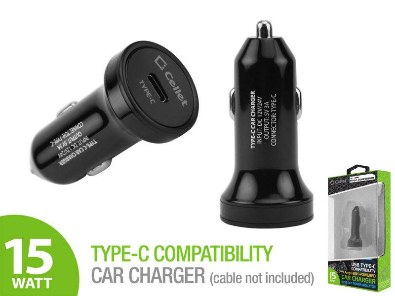 Cellet Made High Powered 3 Amp (15 Watt) USB-C (Type-C) Car Charger for Apple iPad Pro 11-inch, Pro 12.9-inch &ndash; Black (Cable is not Included)