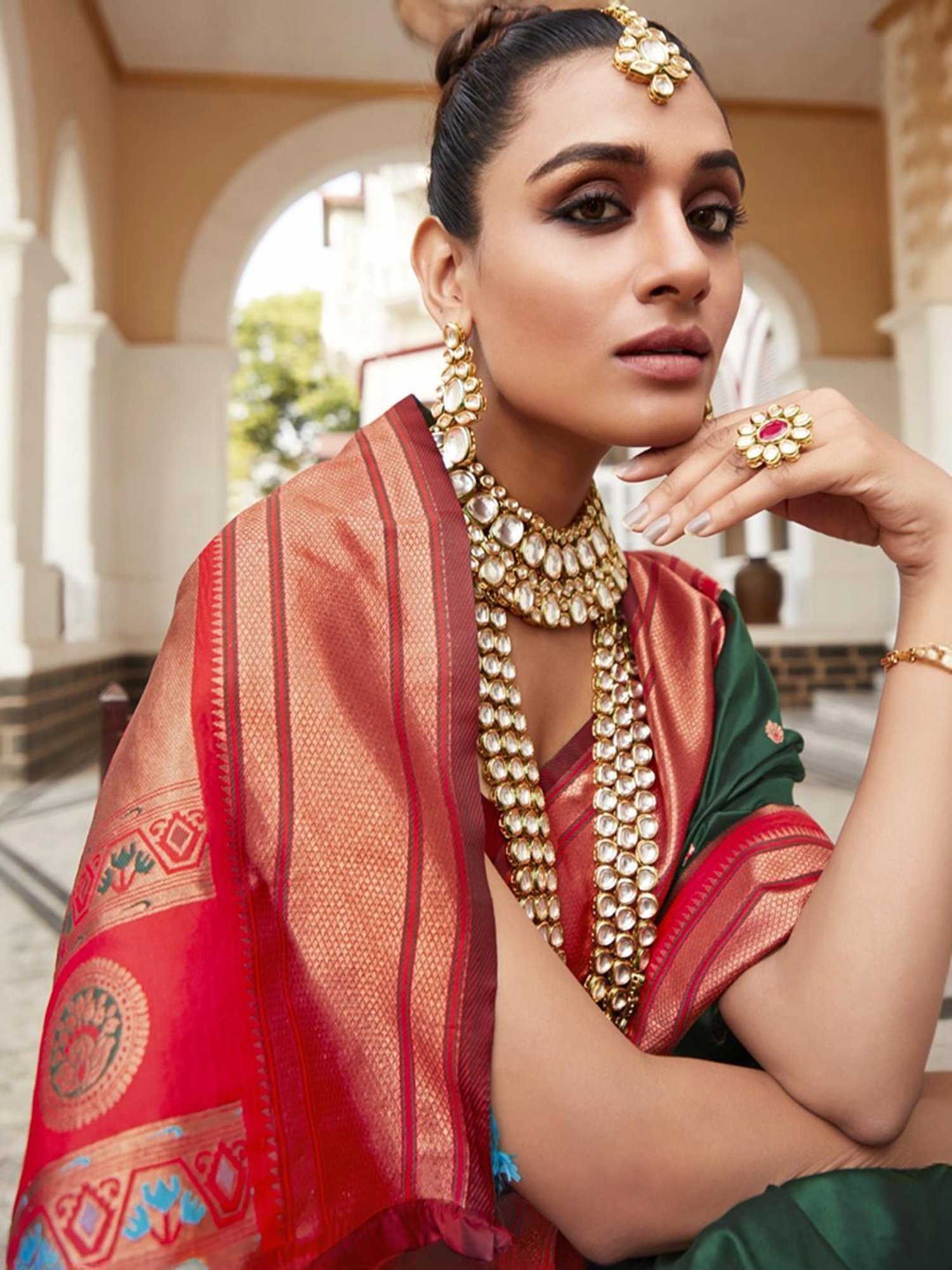 Satrani Green & Red Silk Woven Saree With Unstitched Blouse