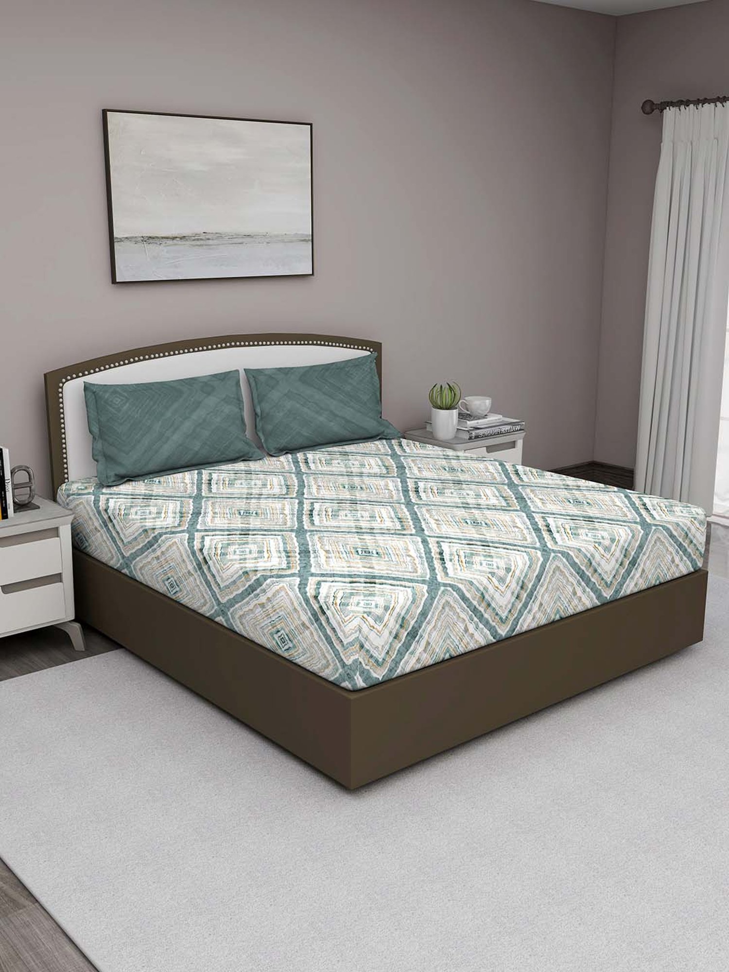 GM Green & Beige 100% Cotton 210 TC King Bedsheet Set