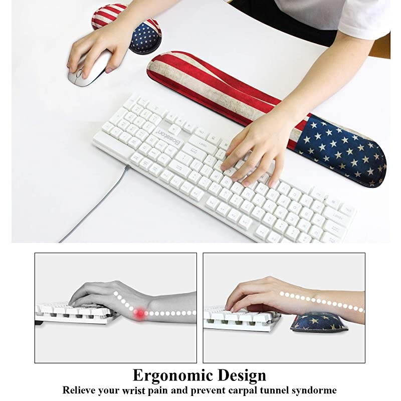 Gaming Keyboard Wrist Pad Mouse Wrist Rest Cushion Support Combo Set Durable Ergonomic Anti Slip NonSlip Base USA Flag