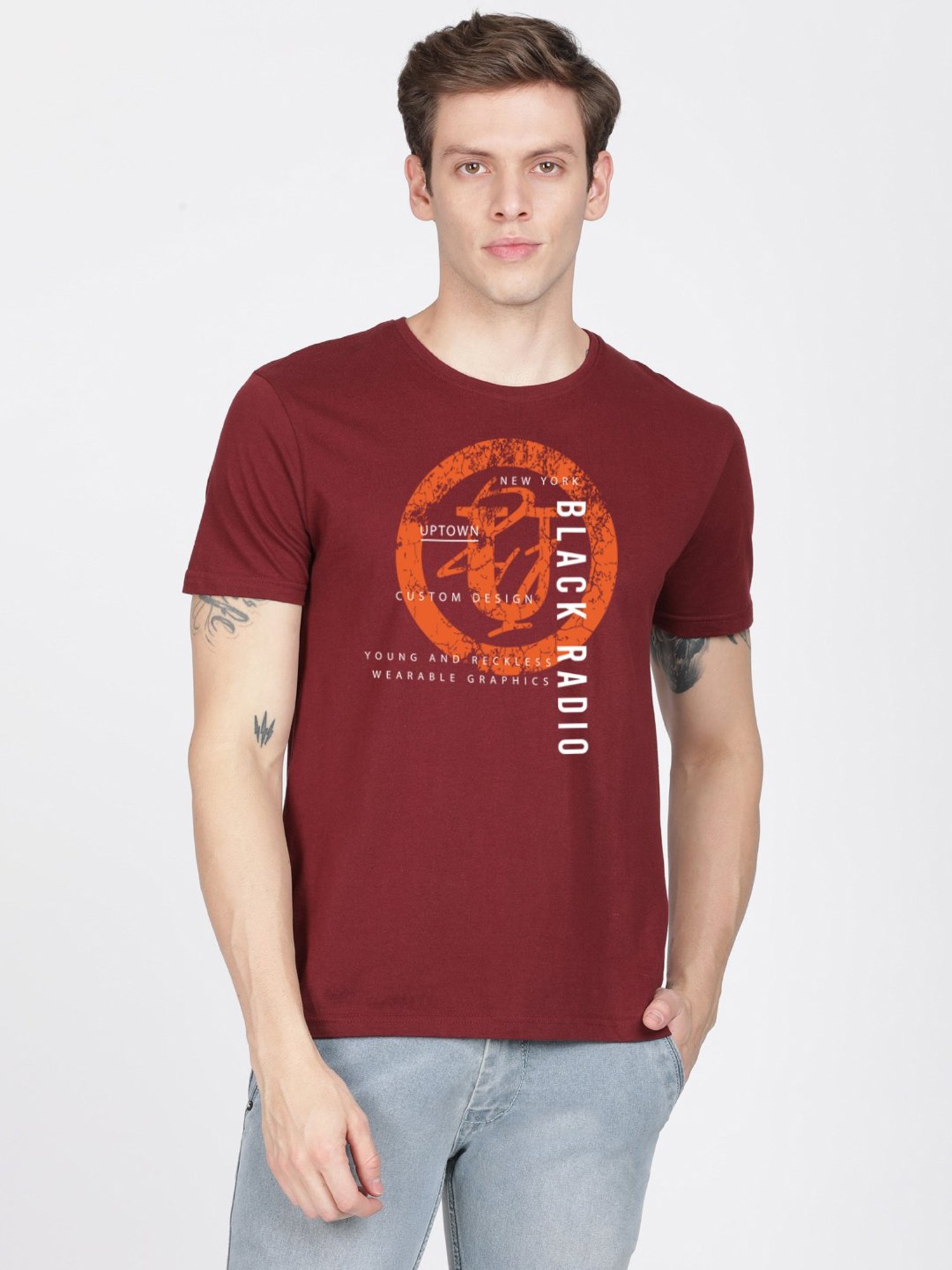 BLACK RADIO Maroon Slim Fit Printed Cotton Crew T-Shirt
