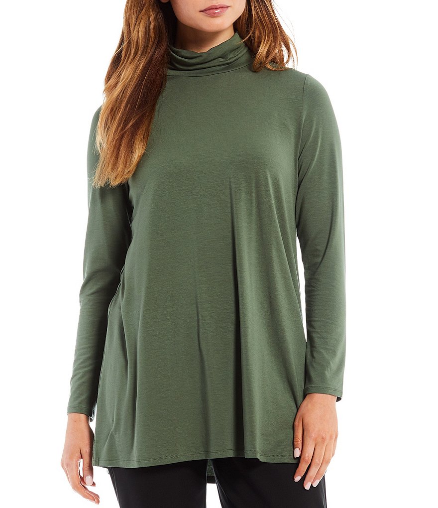 Eileen Fisher Fine Stretch Knit Jersey Scrunch Mock Neck Long Sleeve Tunic