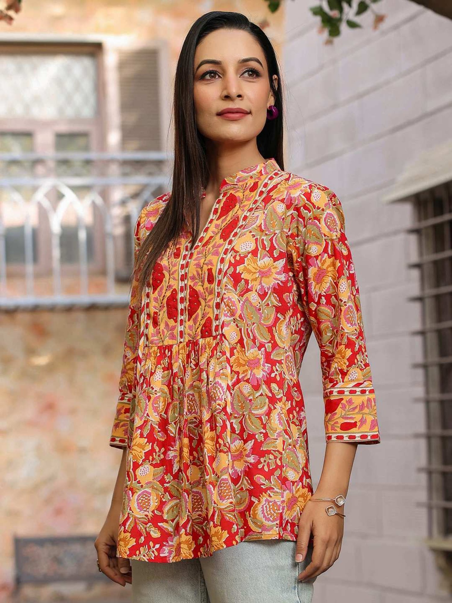 Rain and Rainbow Yellow & Red Cotton Embellished Top