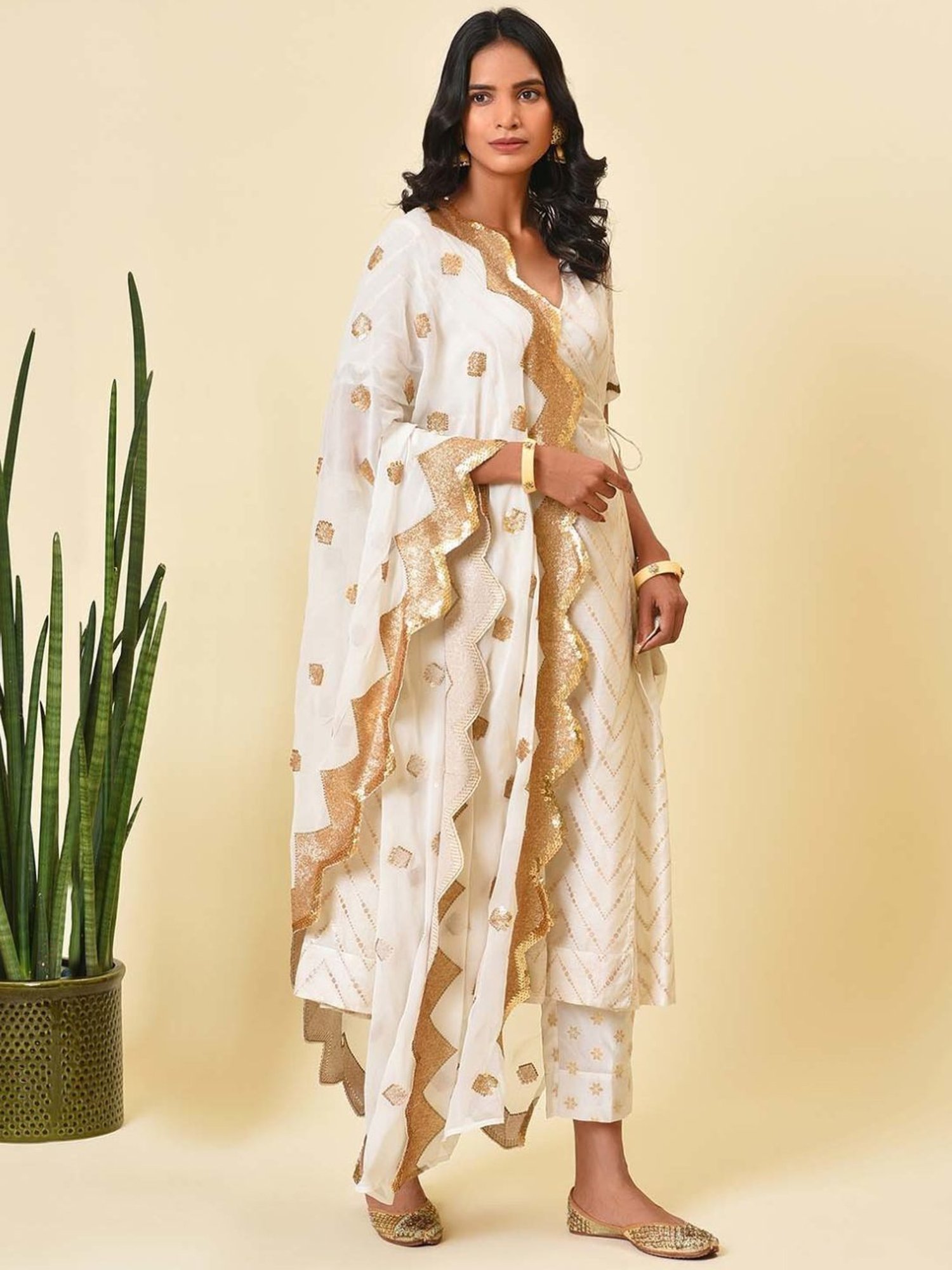 Nuhh Off White & Gold Kurta with Pant & Dupatta Set
