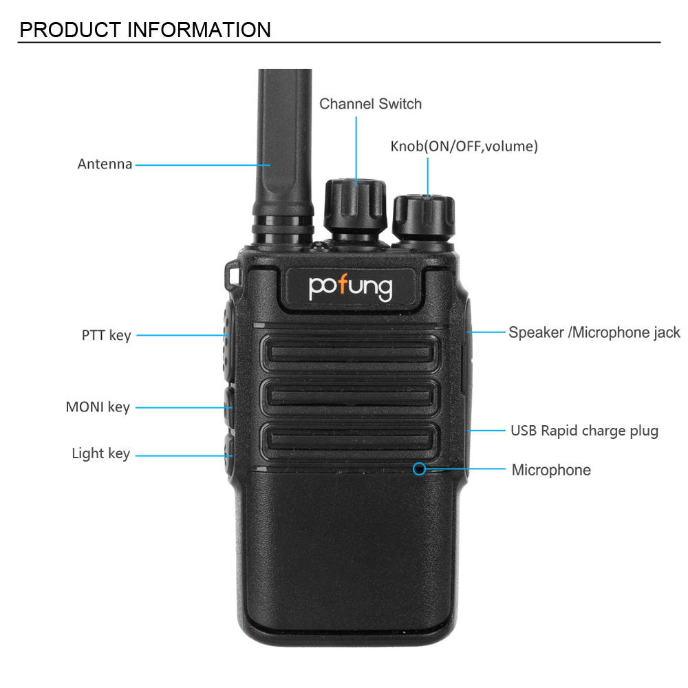 pofung USB 2pcs F8 2W 1500mAh 16-Channel Black Detachable Panel Fixed Antenna USB Integrated Charger Adult Analog Walkie-Talkie