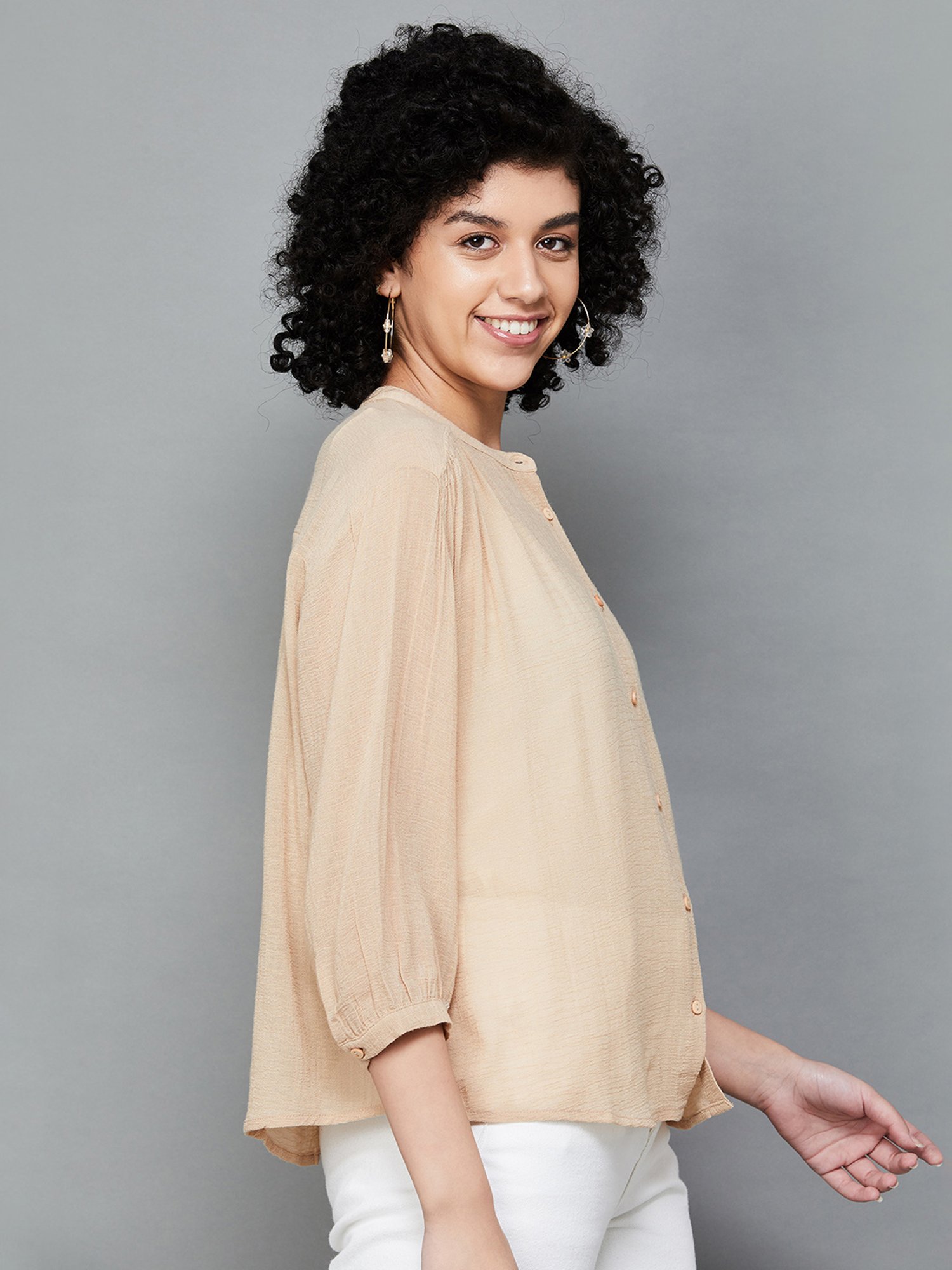 Fame Forever by Lifestyle Beige Cotton Regular Fit Top