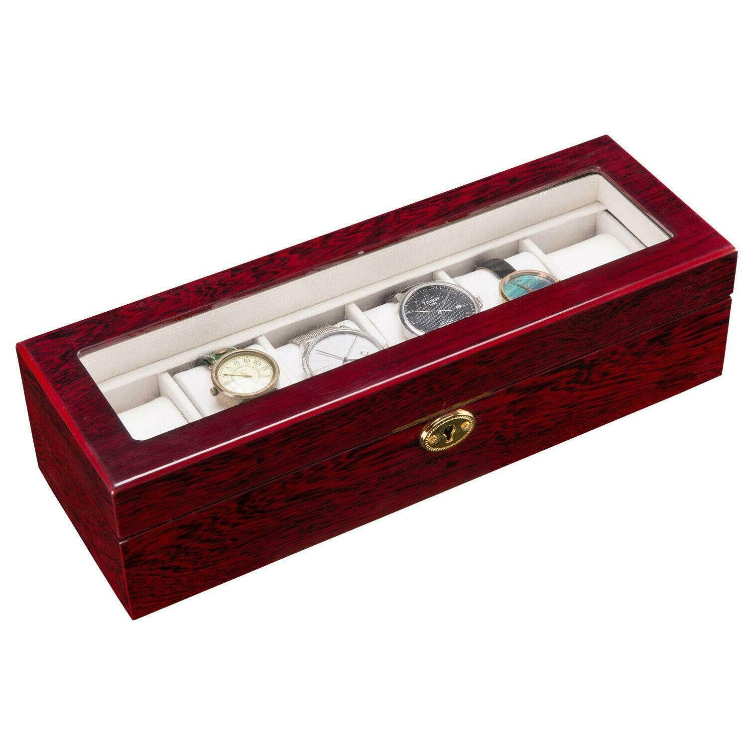 6 Slot Wooden Wrist Watch Display Box Storage Holder Organizer Case w/Key