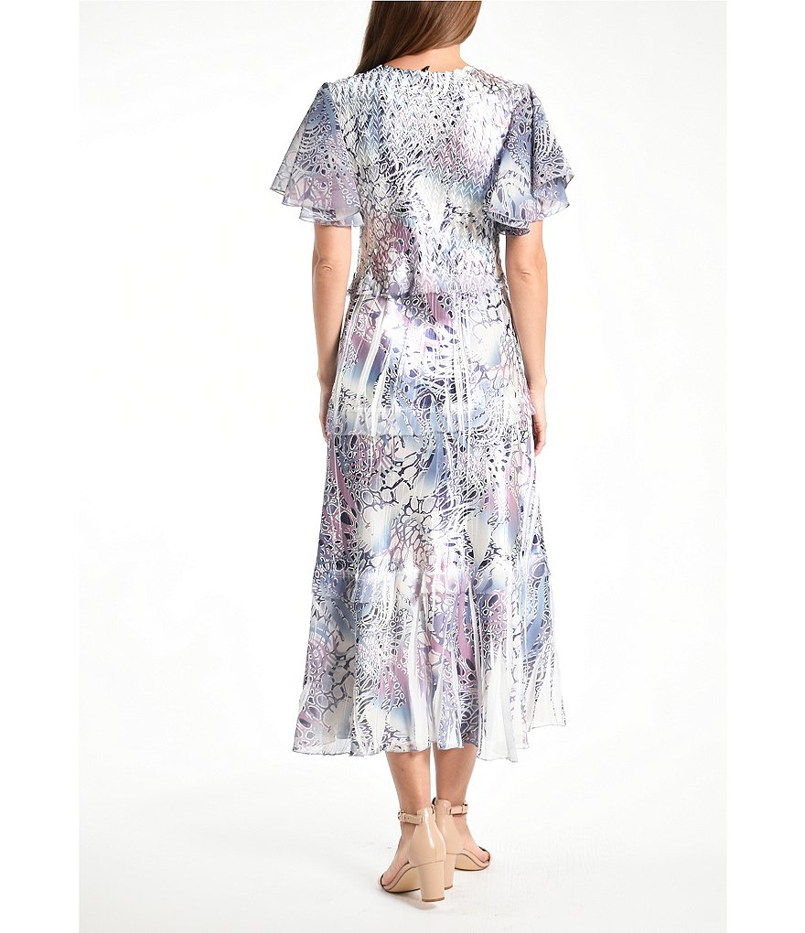 Komarov Aqua Animal Print Keyhole Flutter Sleeve A-Line Ankle Length Dress
