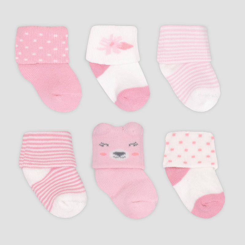 Baby Girls' 6pk Bear Crew Socks - Just One You® made by carter's Pink 0-3M