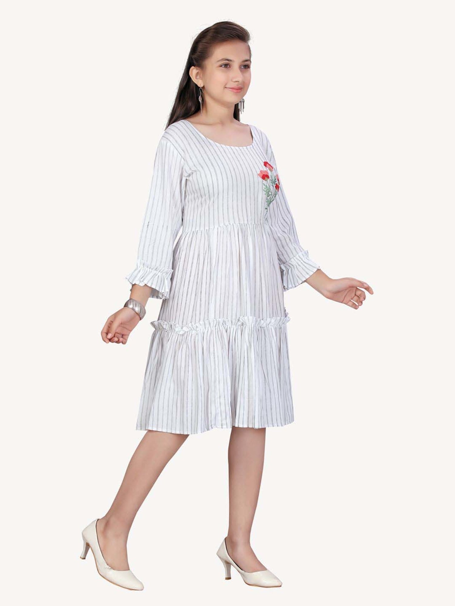Aarika Kids Grey Cotton Embroidered Midi Dress