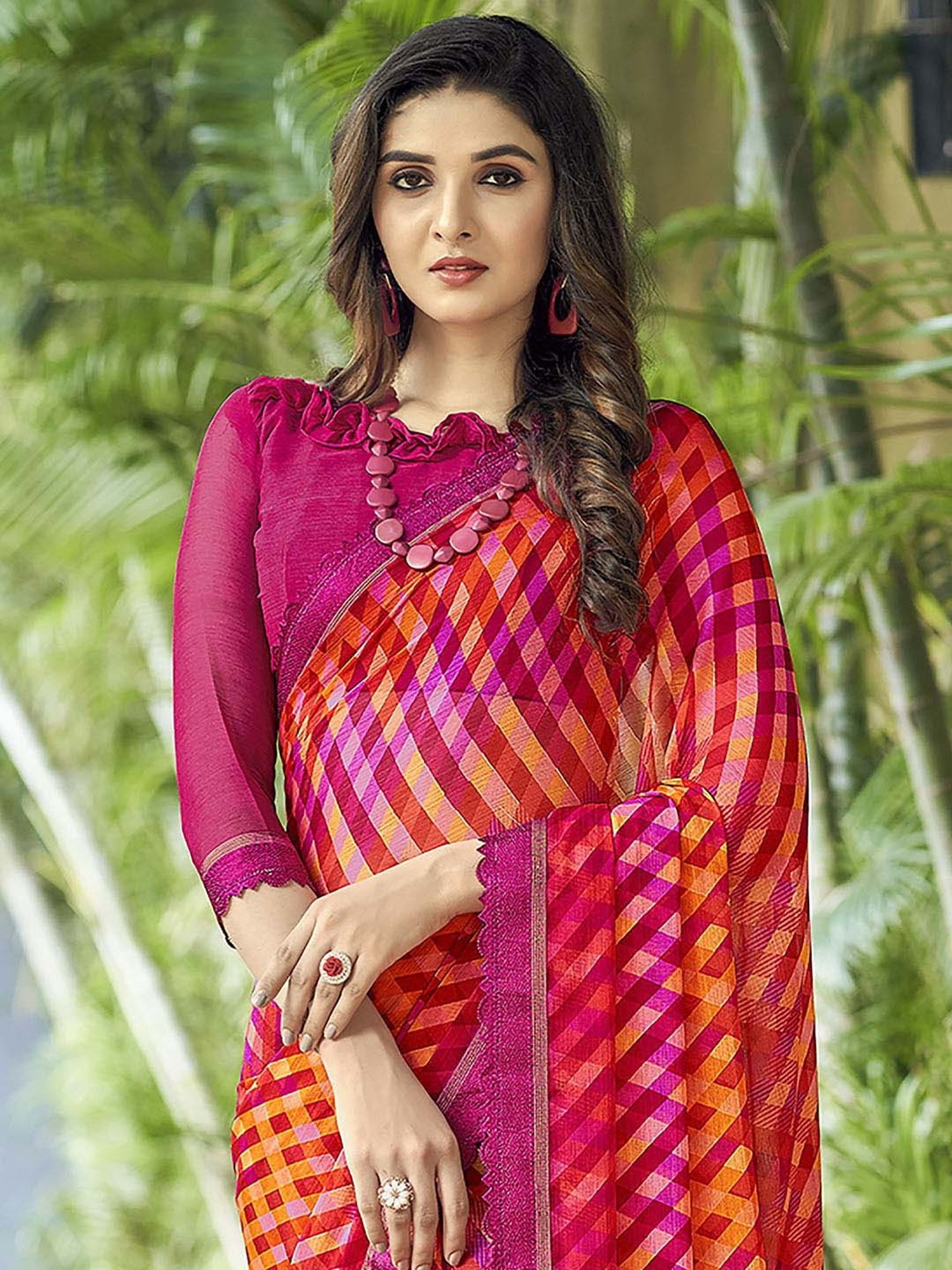 Saree Mall Orange & Purple Printed Saree With Unstitched Blouse