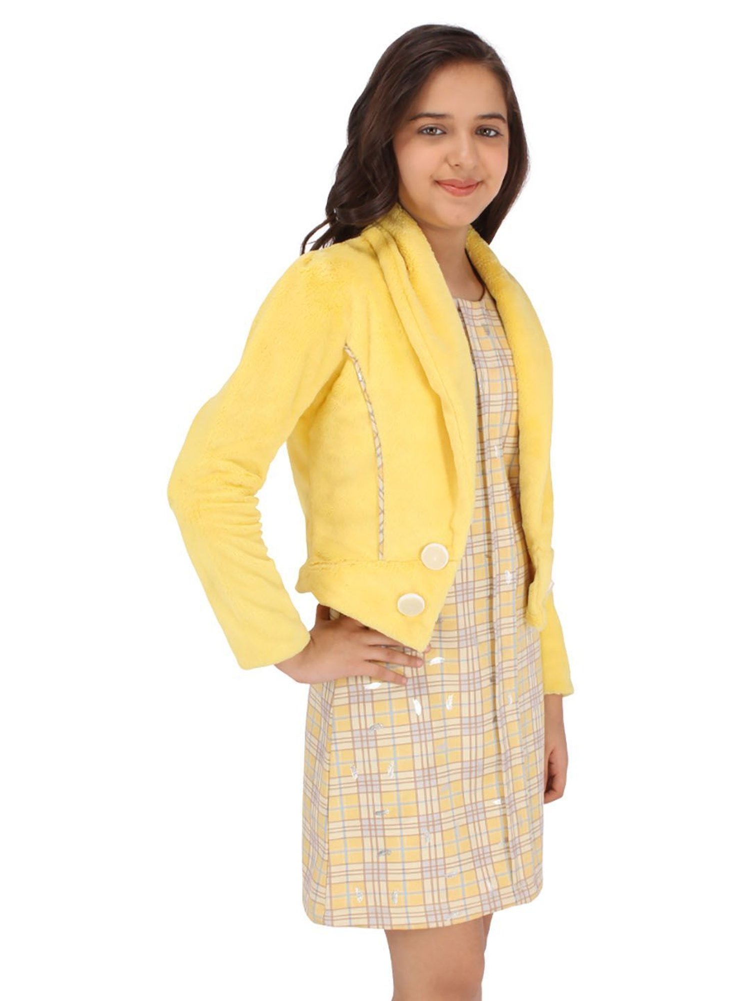 Cutecumber Yellow Checks Full Sleeves Dress with Shrug
