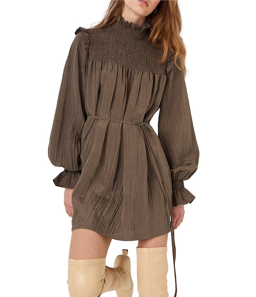 French Connection Boza Crinkle Woven Mock Neck Long Blouson Sleeve Smocked Yoke Pleated Detail Mini Dress