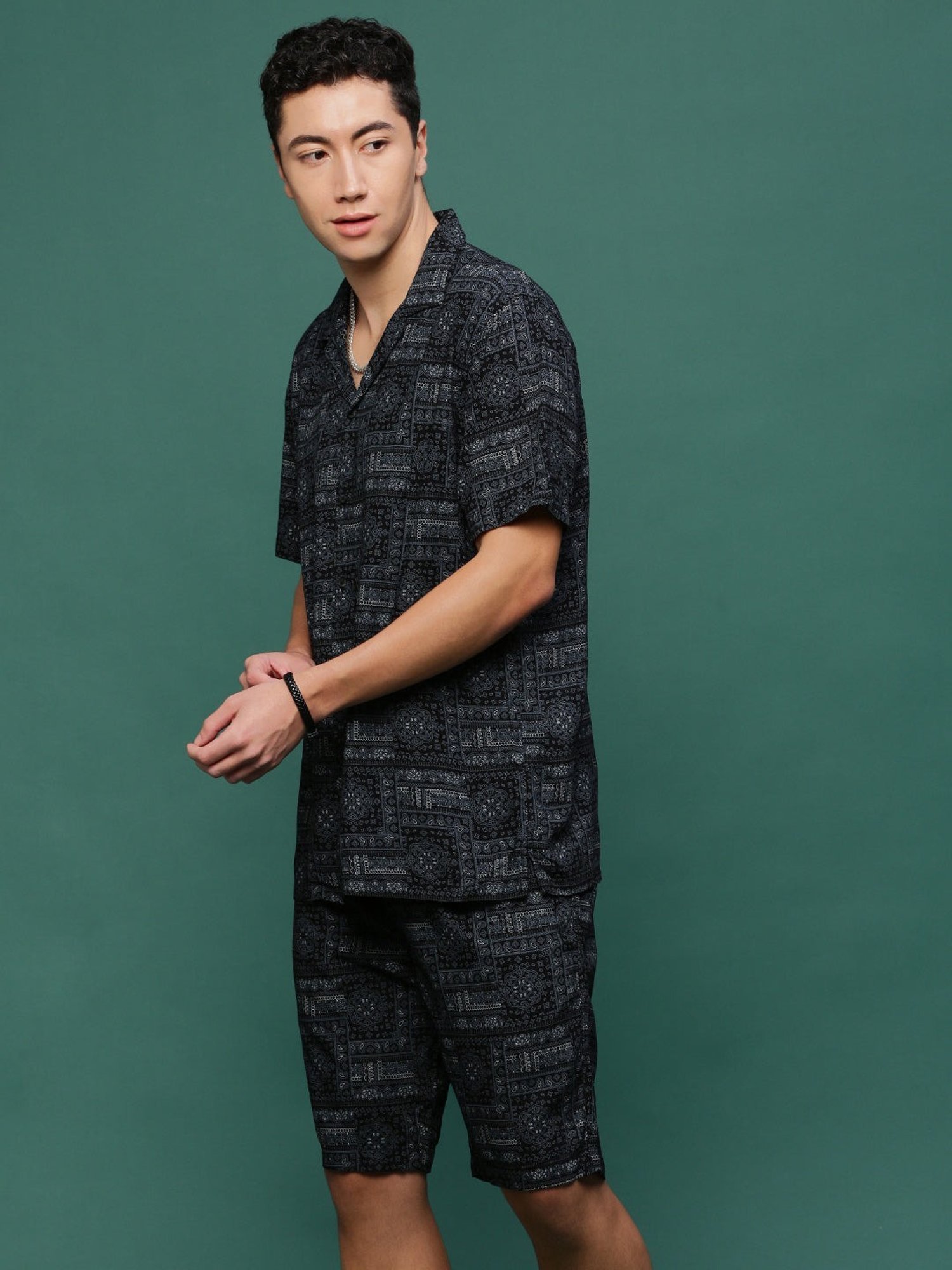 Showoff Black Cotton Regular Fit Printed Co-Ord Set