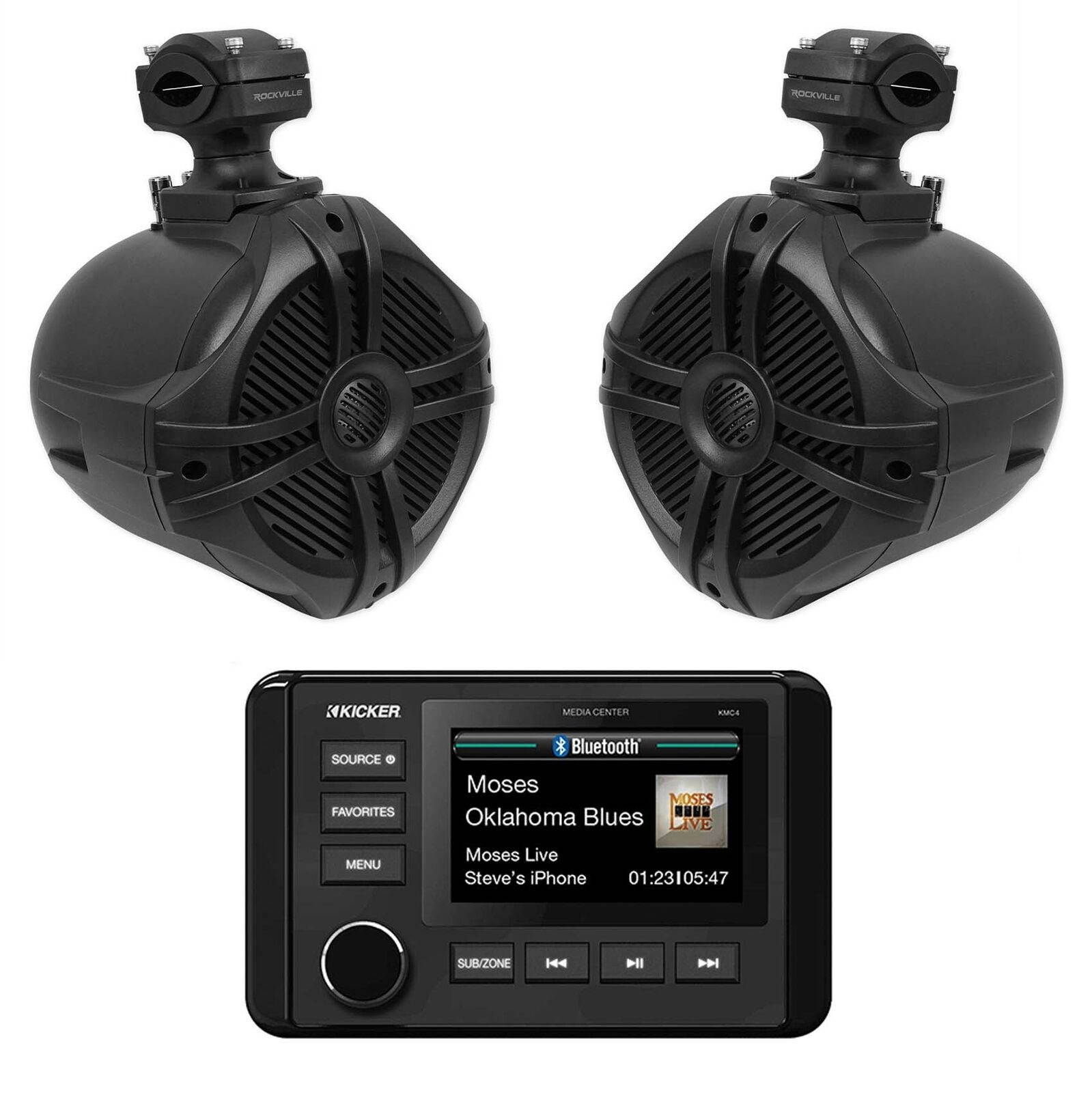 KMC4 Marine Digital Media Bluetooth Receiver+2 6.5" Black Tower Speakers