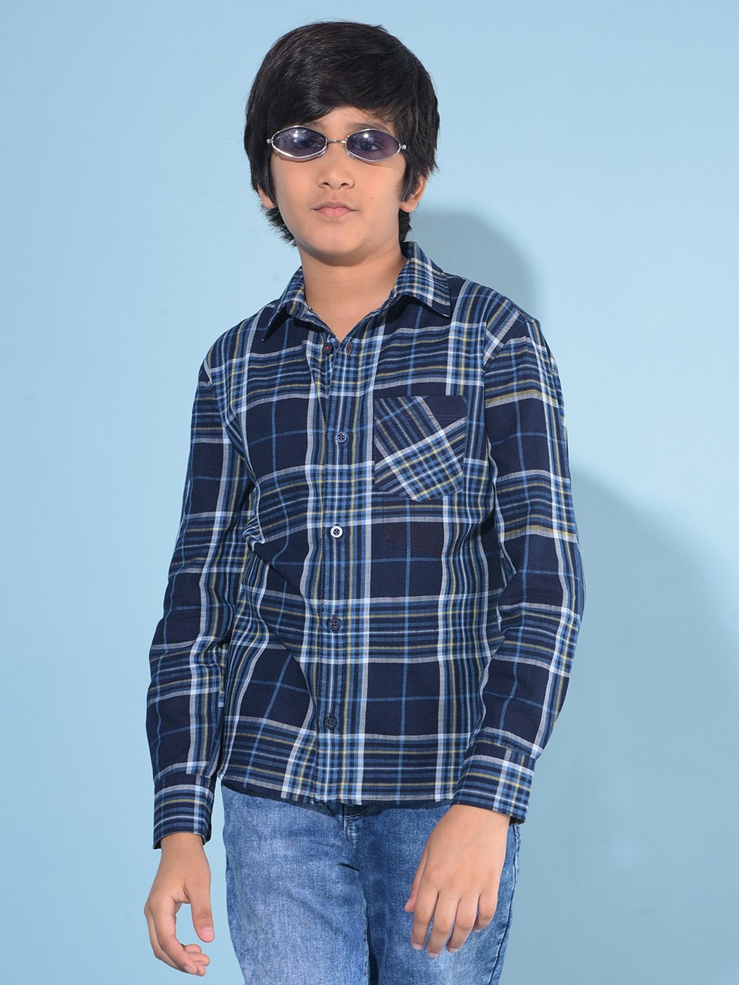 Crimsoune Club Kids Navy Checks Full Sleeves Shirt