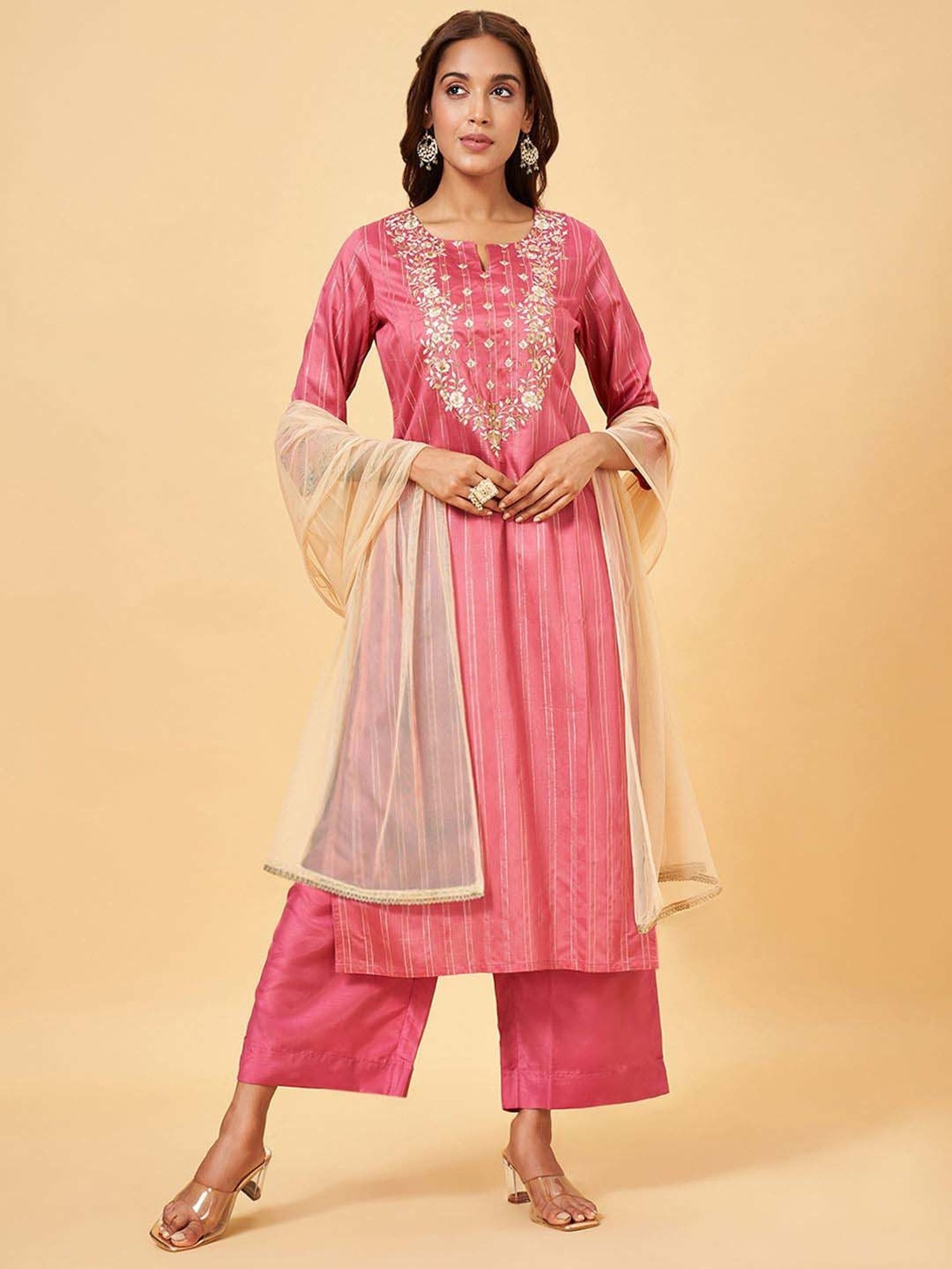 Rangmanch by Pantaloons Pink Cotton Embroidered Kurta Palazzo Set With Dupatta